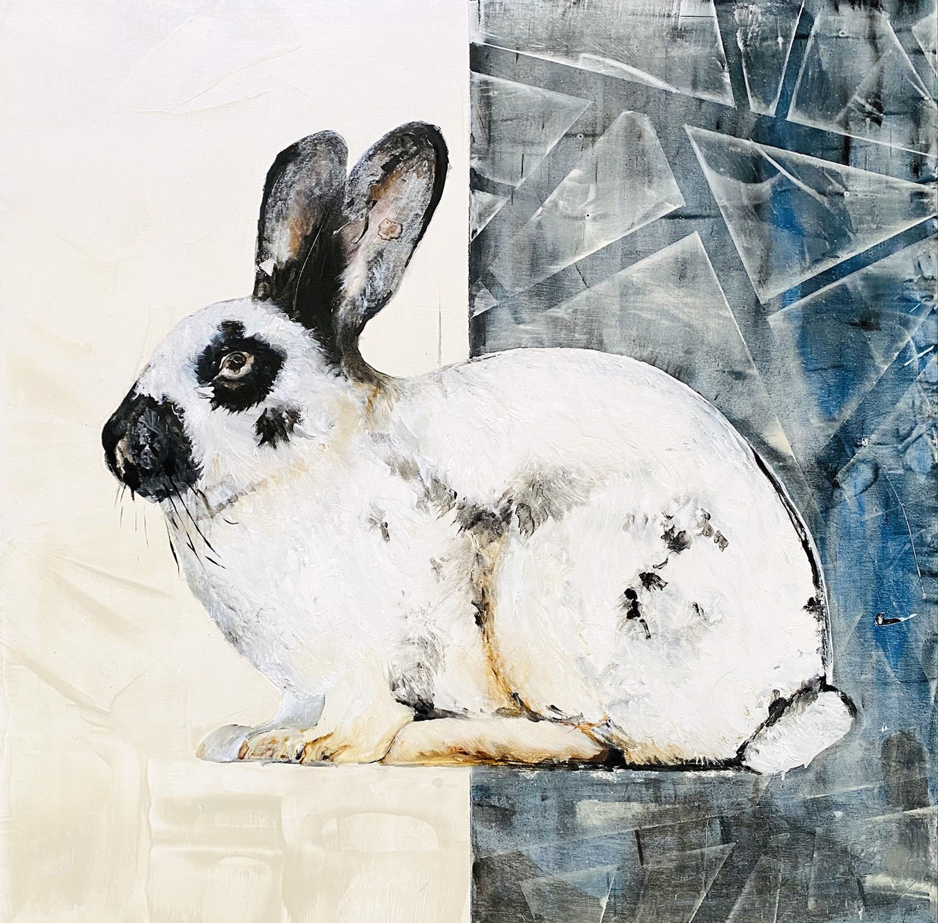 A Contemporary Painting Of A Rabbit Sitting On A Blue And White Split Background By Jenna Von Benedikt At Gallery Wild