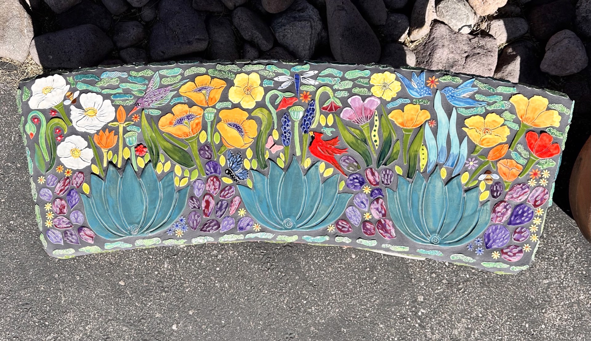Bench - Teal Garden Bench with Agave, Poppies and Cardinals by Robin Chlad
