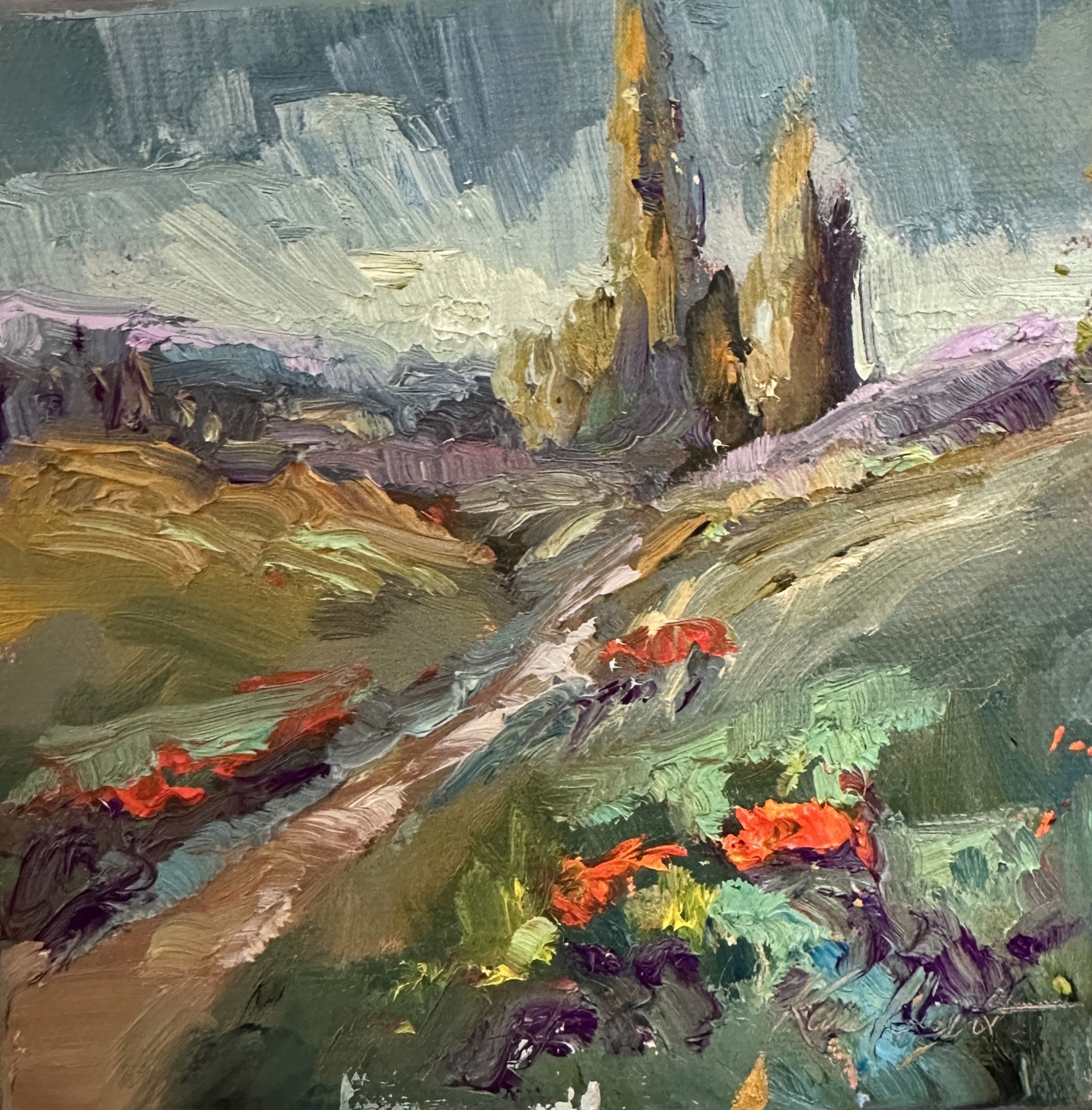 ""Long View of Tuscan Cypress" original oil painting by Karen Hewitt Hagan