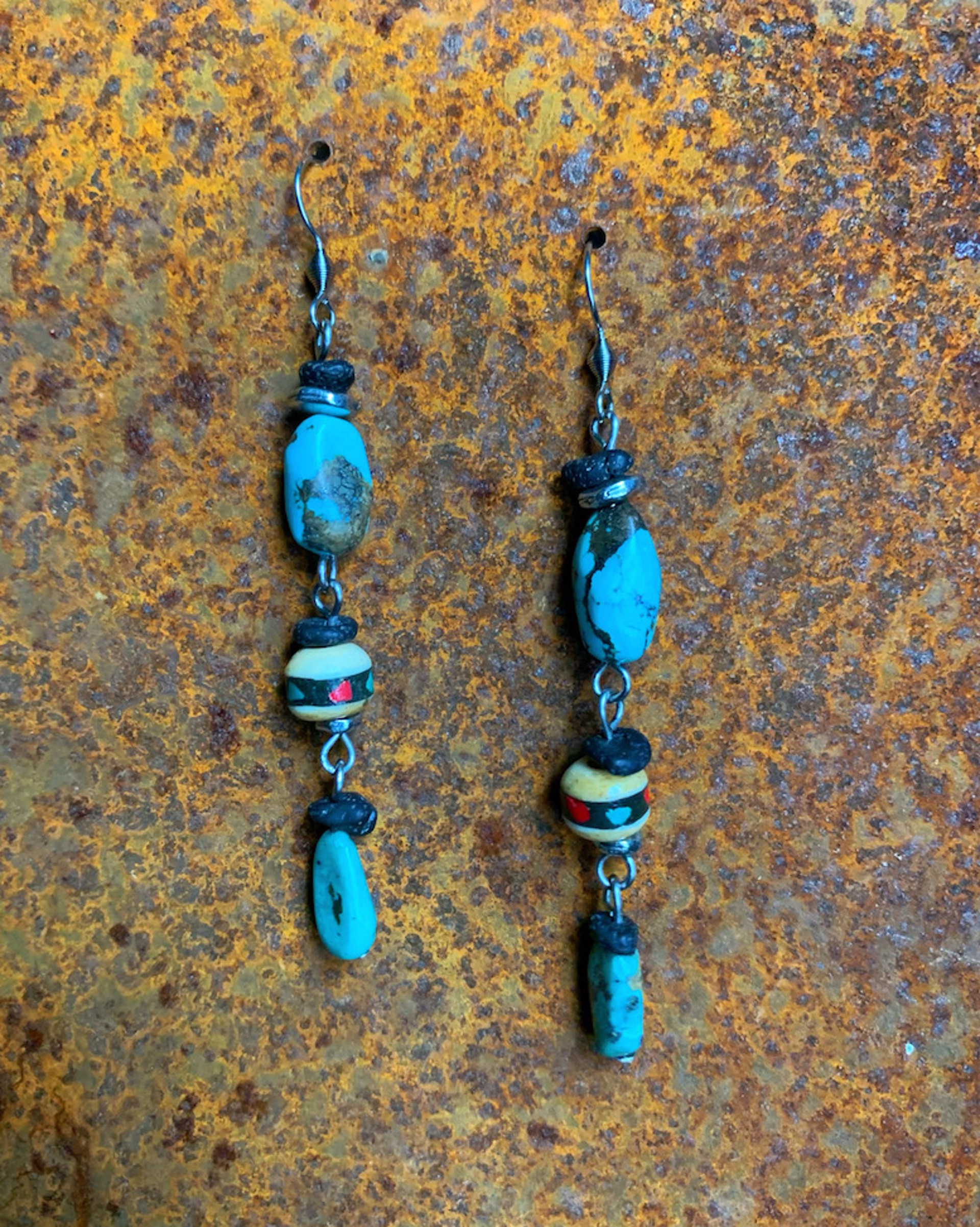 K702 Turquoise, Lava, and inlaid Tibetan Yak Bone Beads by Kelly Ormsby