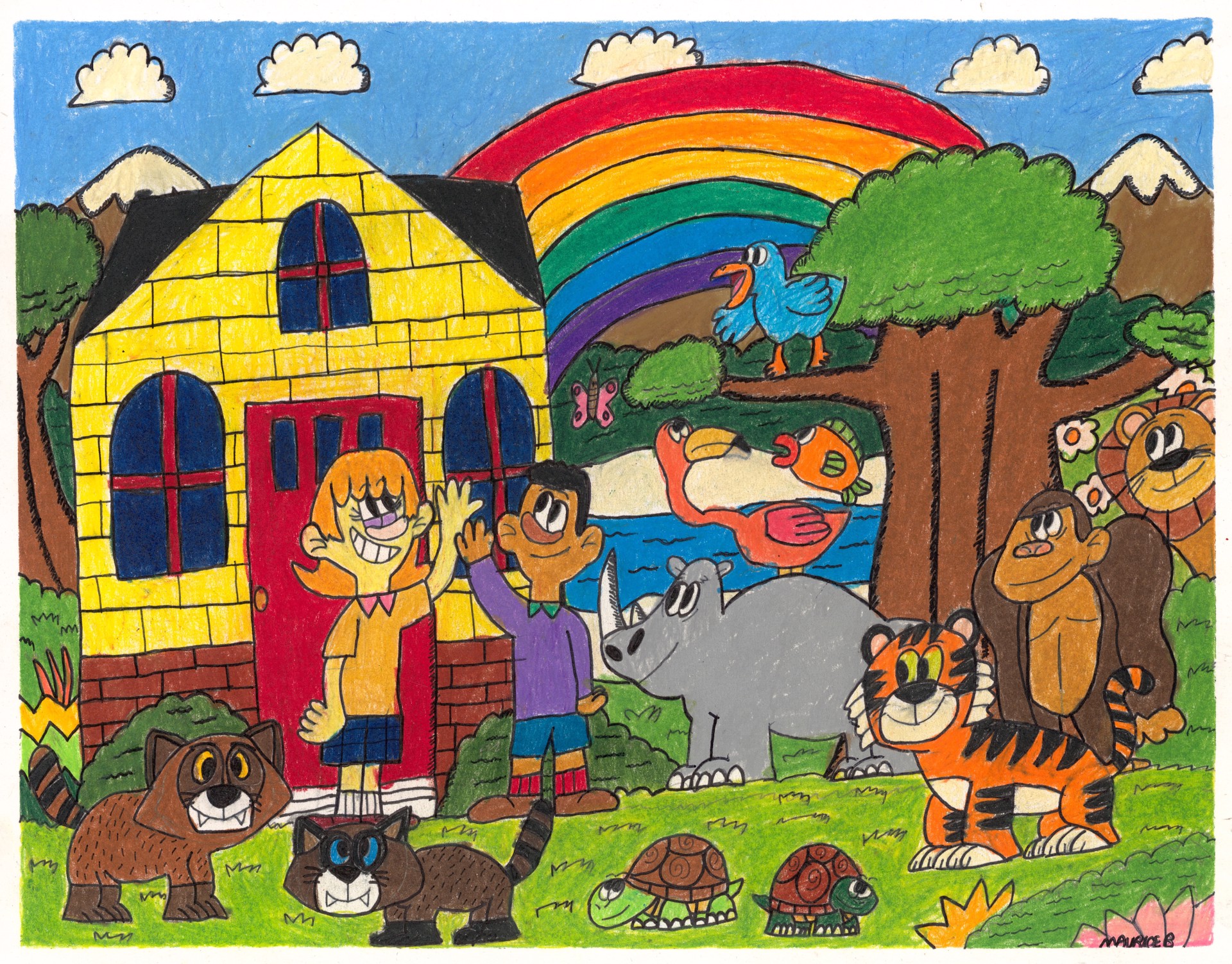 Nina and Ricky with Animals in Rainbow Land (FRAMED) by Maurice Barnes