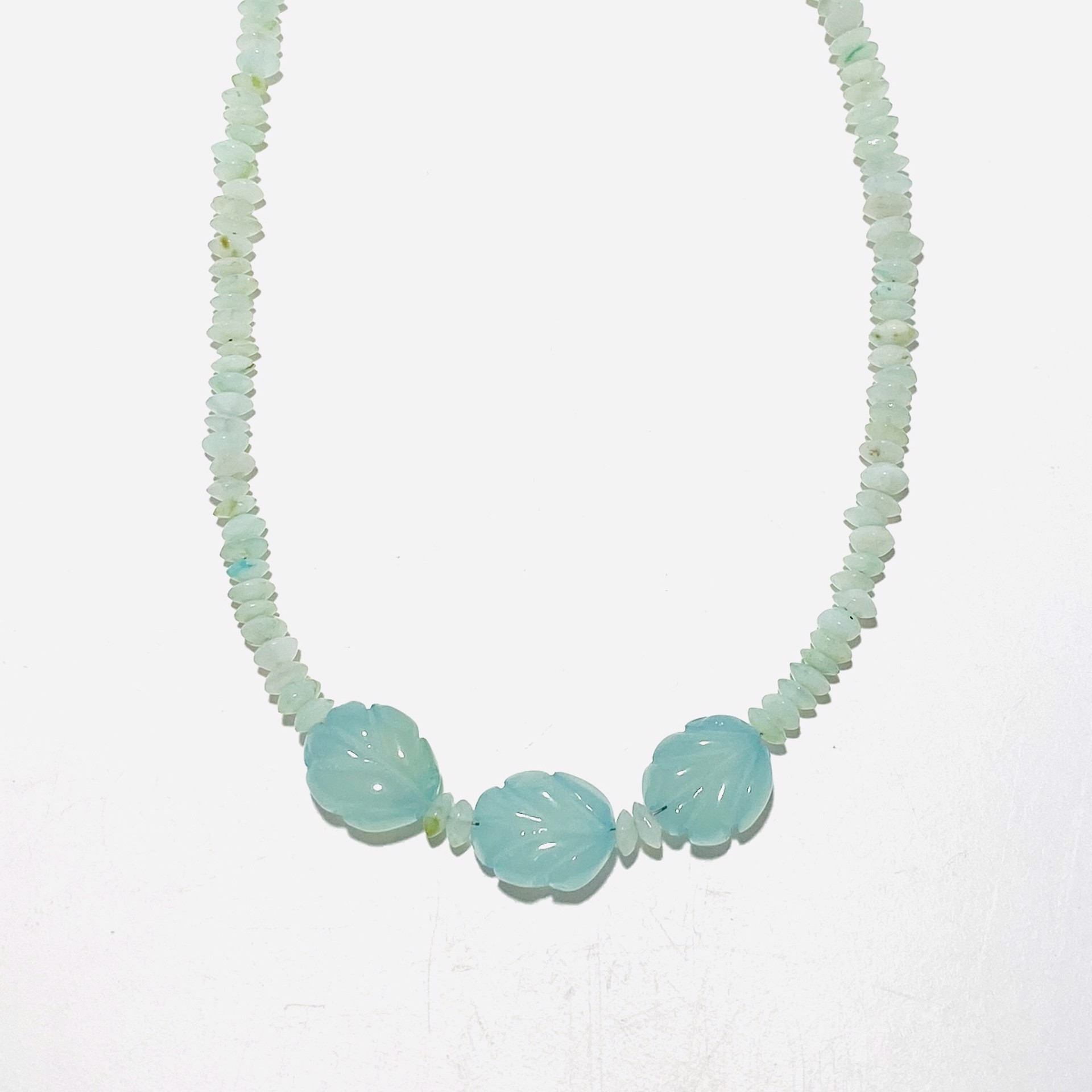 Peruvian Opal Bead, Three Carved Aqua Chalcedony Leaves Necklace NT23-03 by Nance Trueworthy