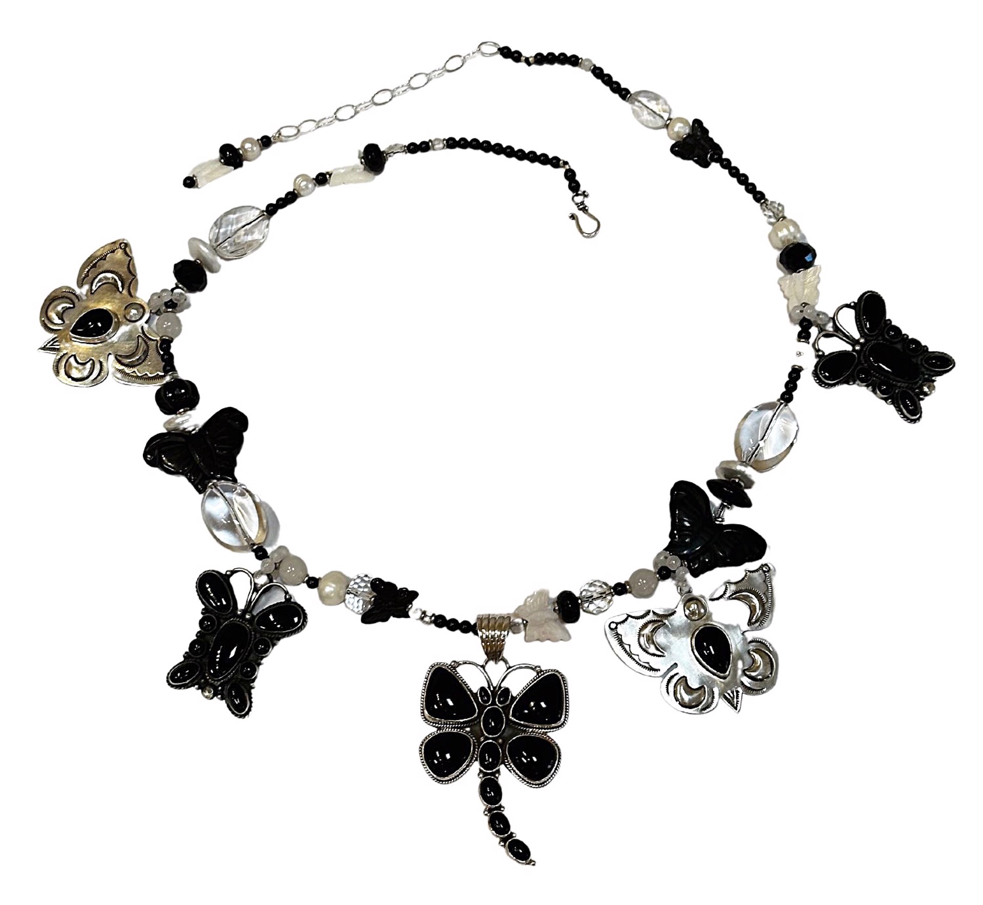 KY 1454 - Single Stranded Black Onyx & Pearl Butterfly Necklace by Kim Yubeta