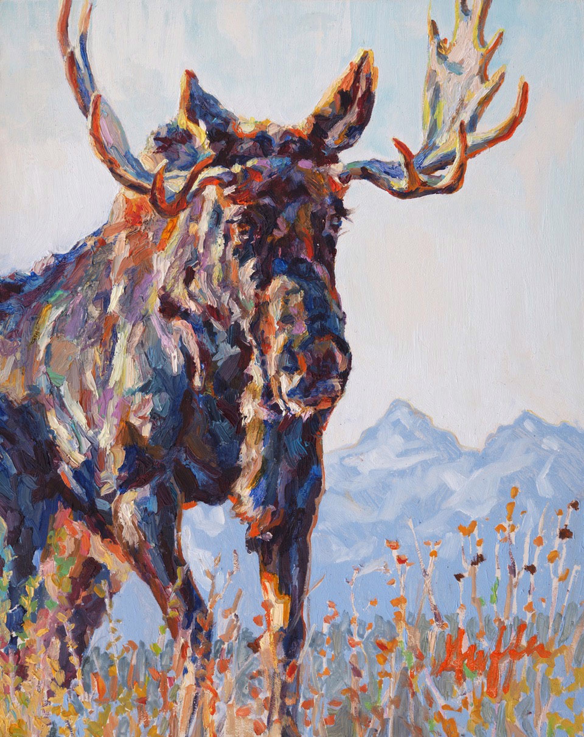 Original Oil Painting Featuring A Moose In Impressionist Style With Mountains In The Distant Background