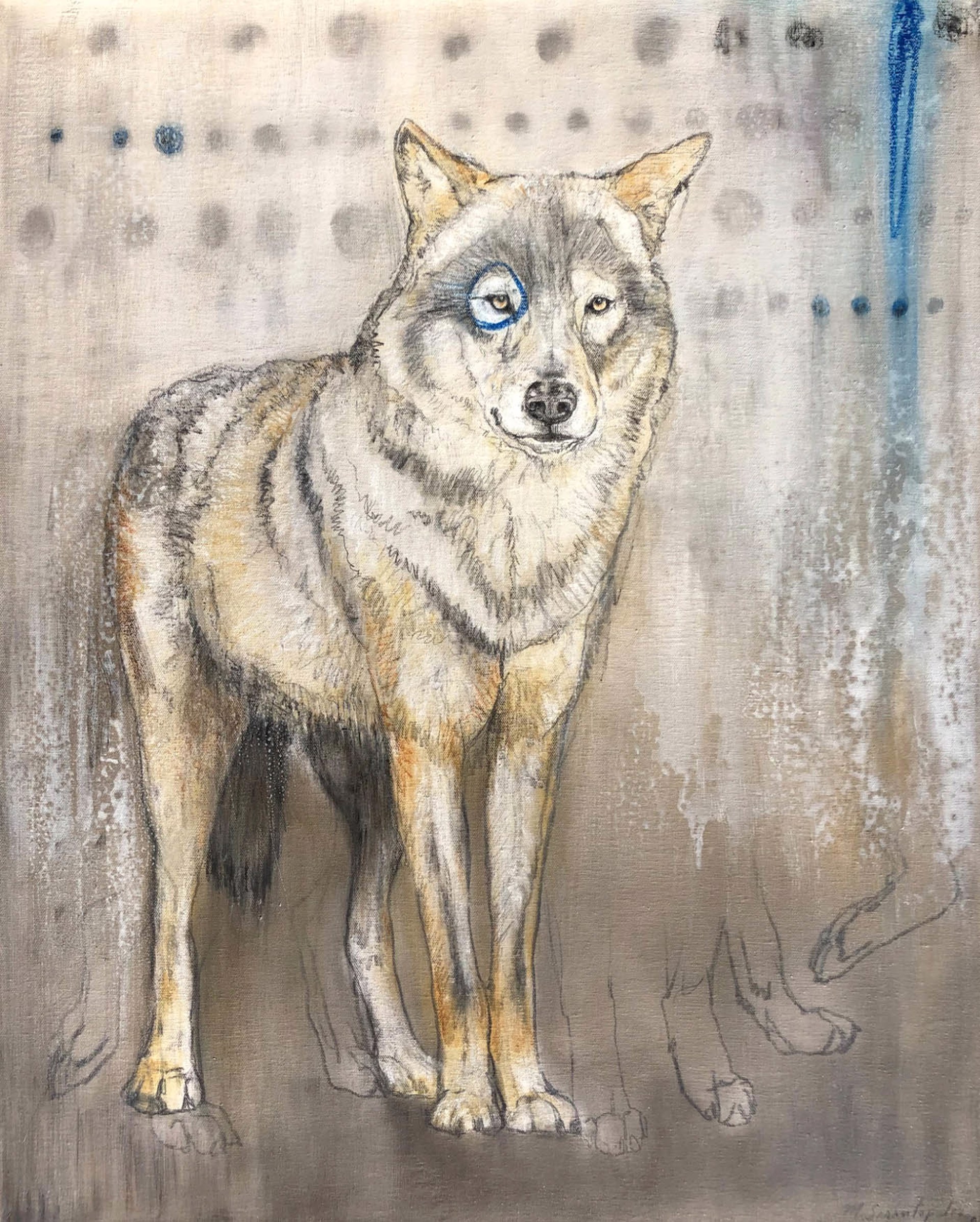 Original Mixed Media Painting Featuring A Lone Wolf In Grays With Blue Circle Over One Eye Over Abstract Background