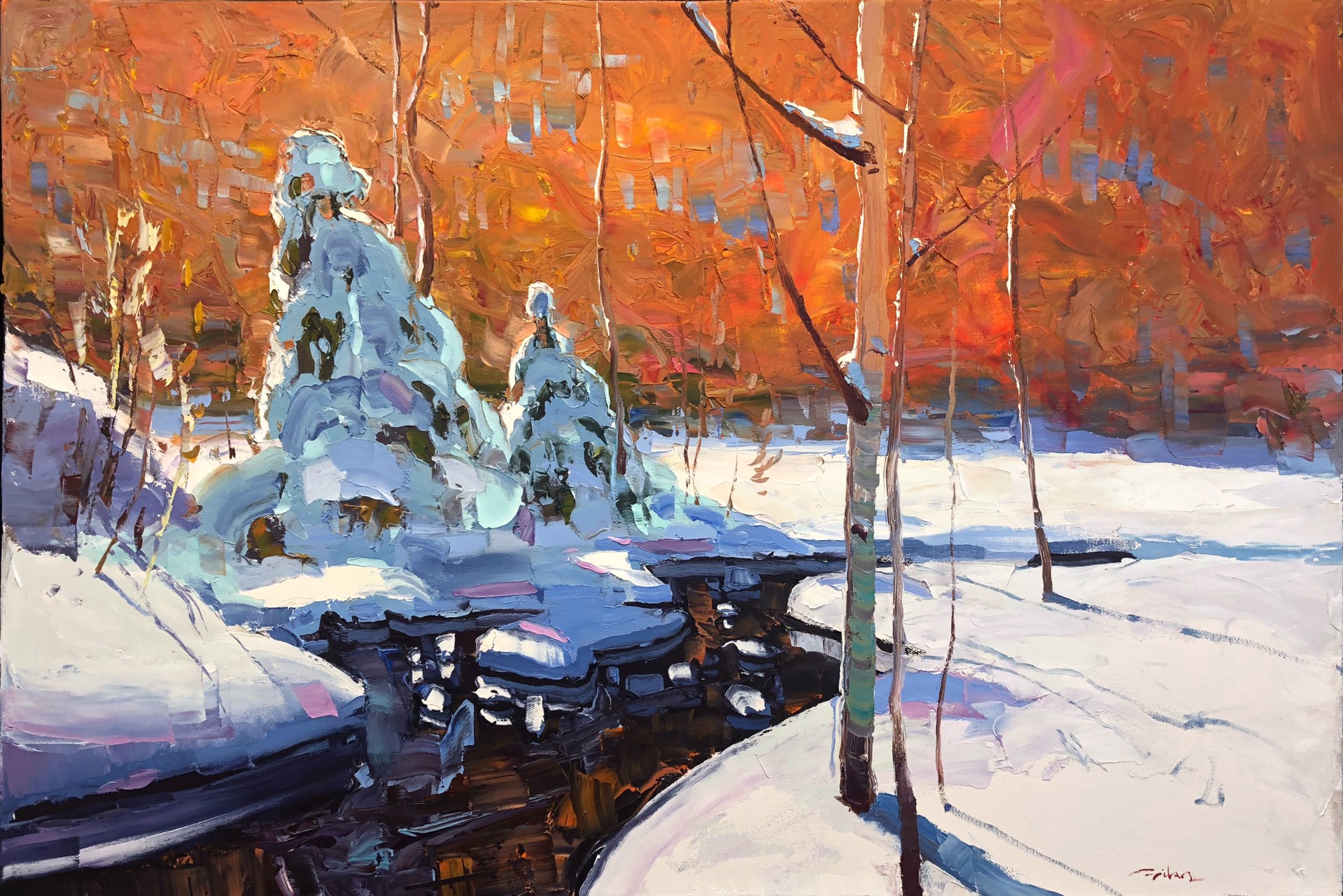 A Contemporary Oil Painting Of A Snowy Fall Landscape With Pillowy Snow On Pine Trees Next Open Water, By Silas Thompson