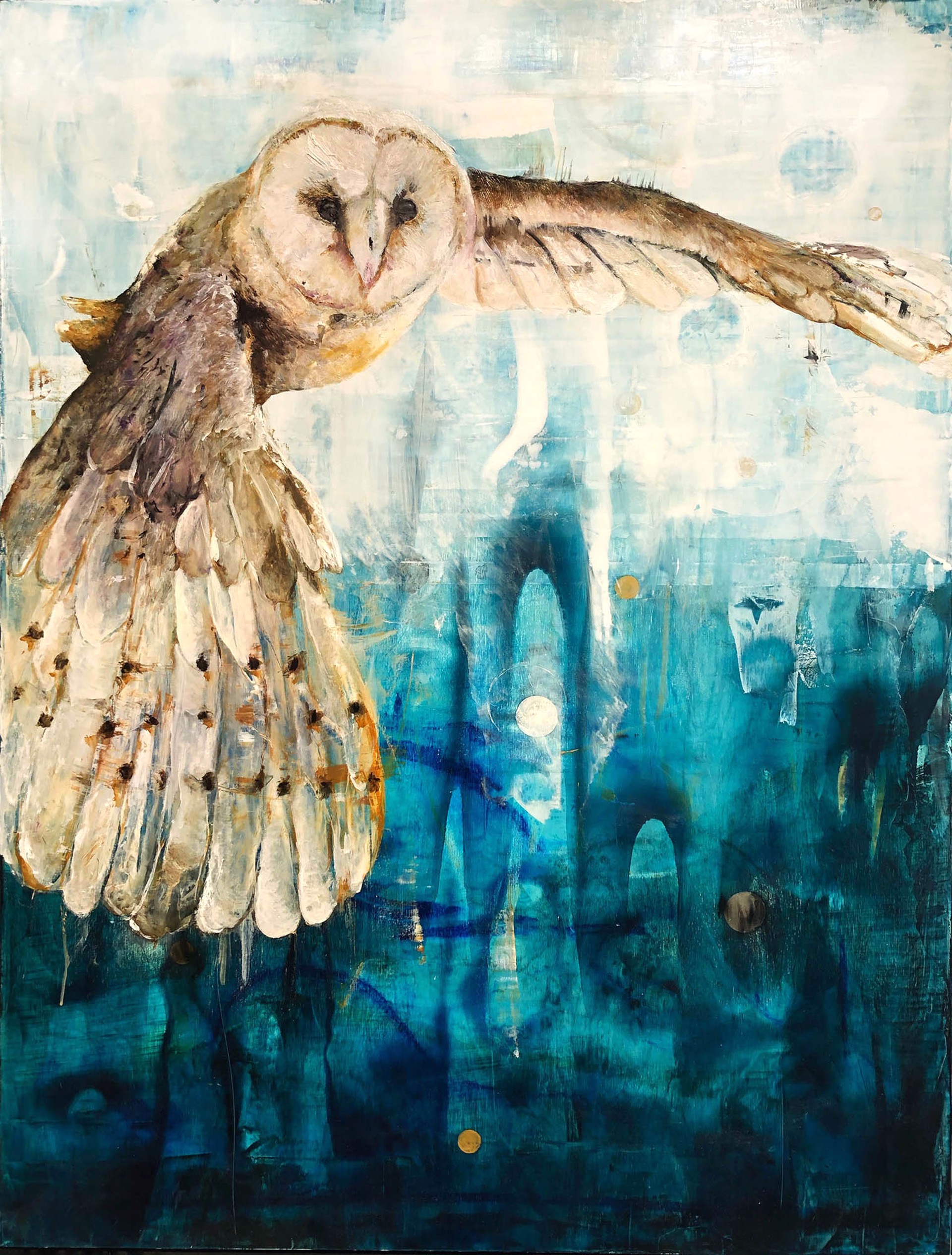 A Contemporary Painting Of A Barn Owl Flying Over An Abstract Night Sky By Jenna Von Benedikt At Gallery Wild
