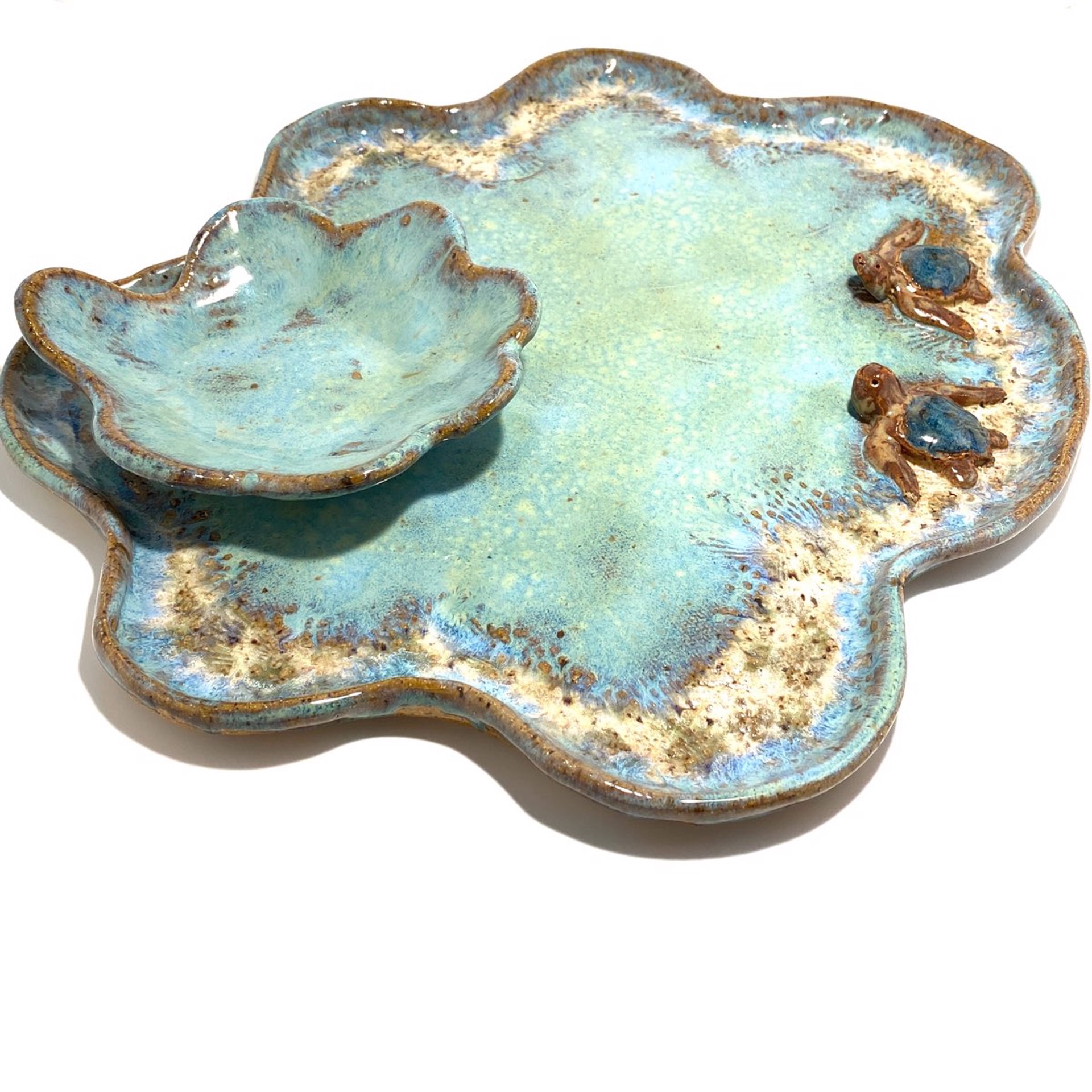 Chip and Dip with Two Turtles (Green  Glaze) LG23-1110 by Jim & Steffi Logan