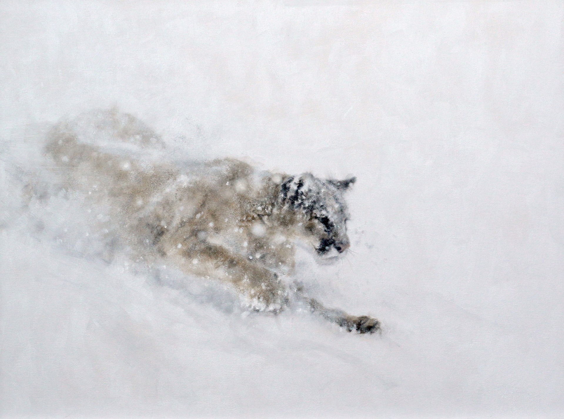 Original Oil Painting Featuring A Cougar Running Through Snow