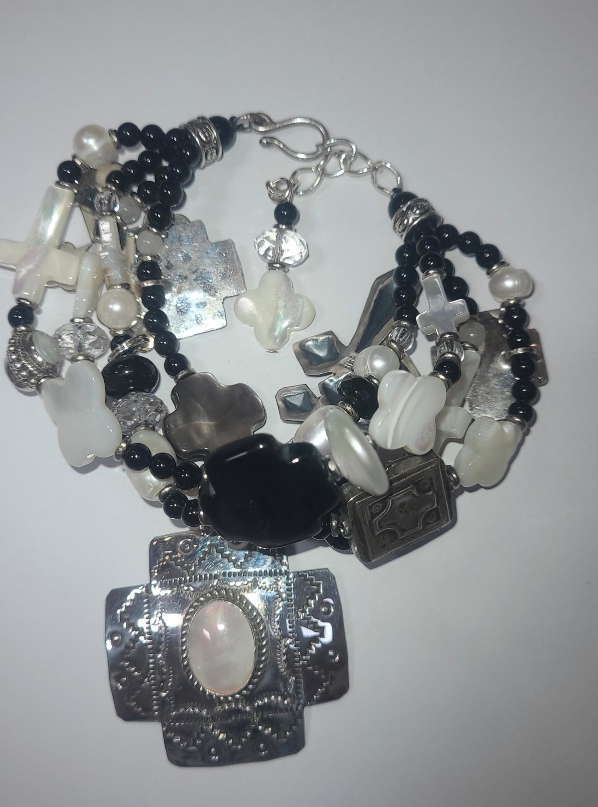 Bracelet - Sterling Silver, Onyx and Pearl Crosses by Kim Yubeta