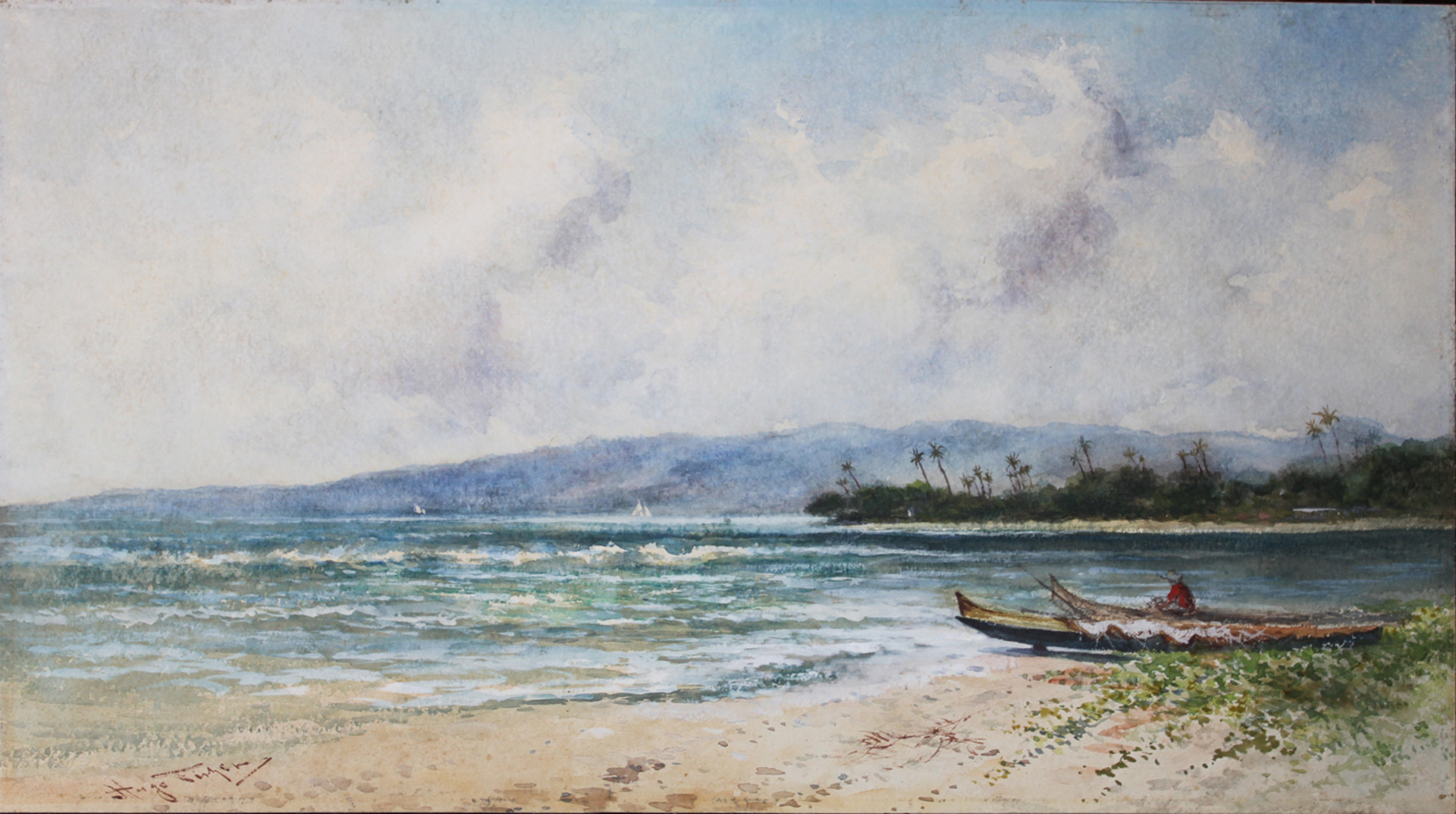 Hawaiian Canoes on the Shore at Waikiki, 1896 by Hugo Fisher