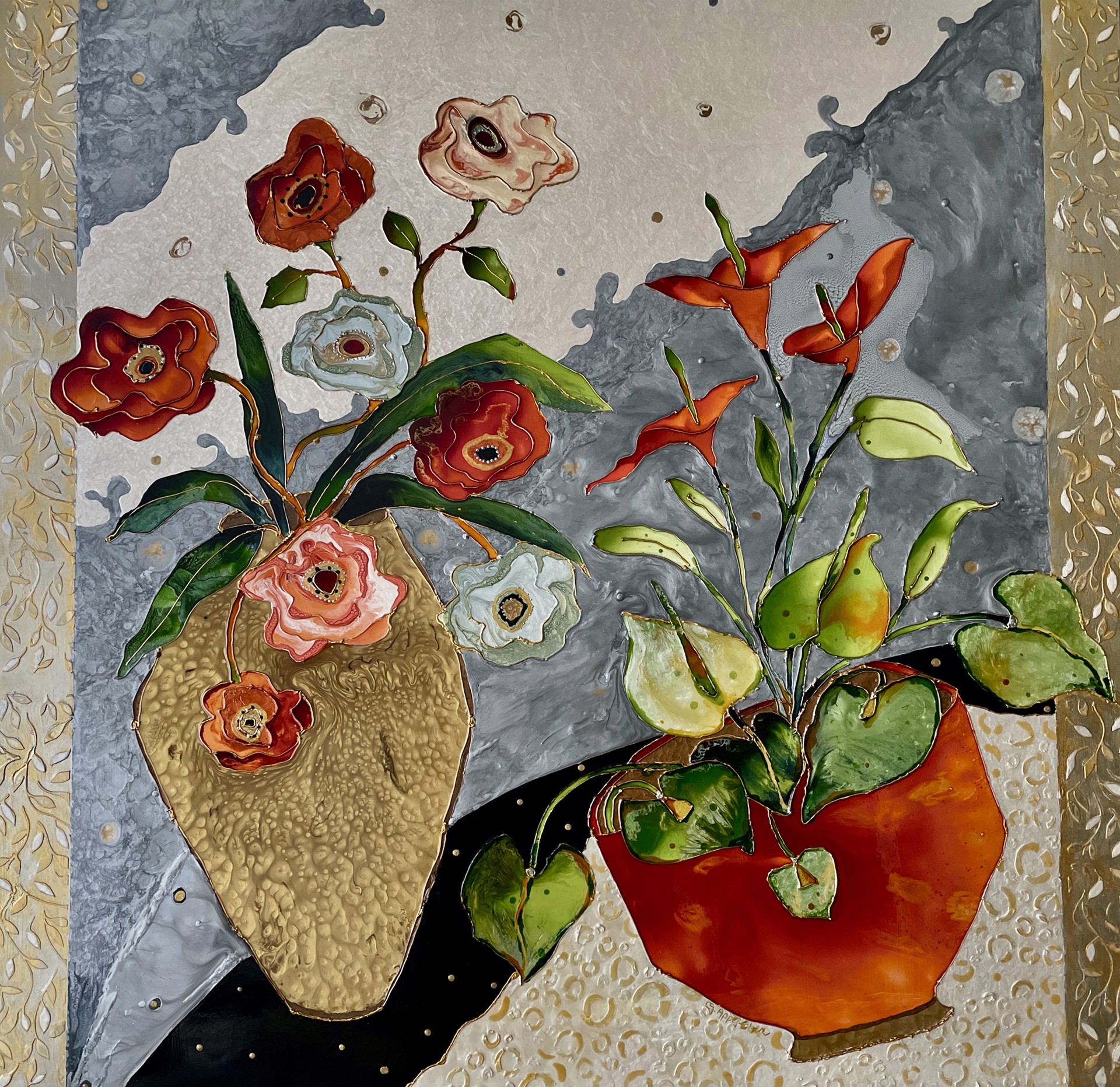Mixed media on panel floral still life painting The Energy of Objects by Genie Appel-Cohen