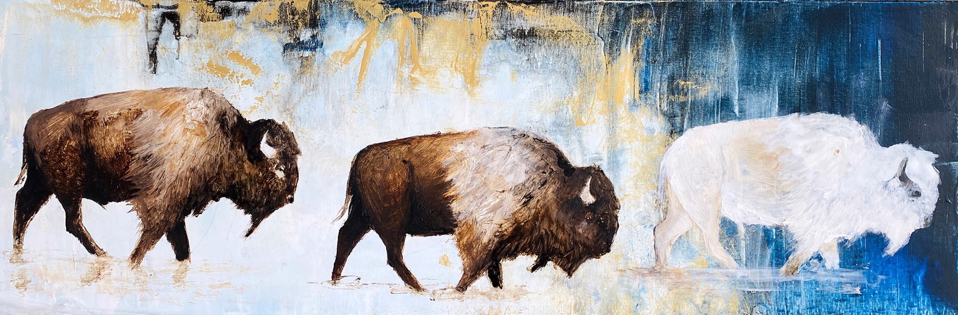 Original Oil Painting By Jenna Von Benedikt Featuring Three Walking Bison Two Brown And One White Across Abstracted Landscape