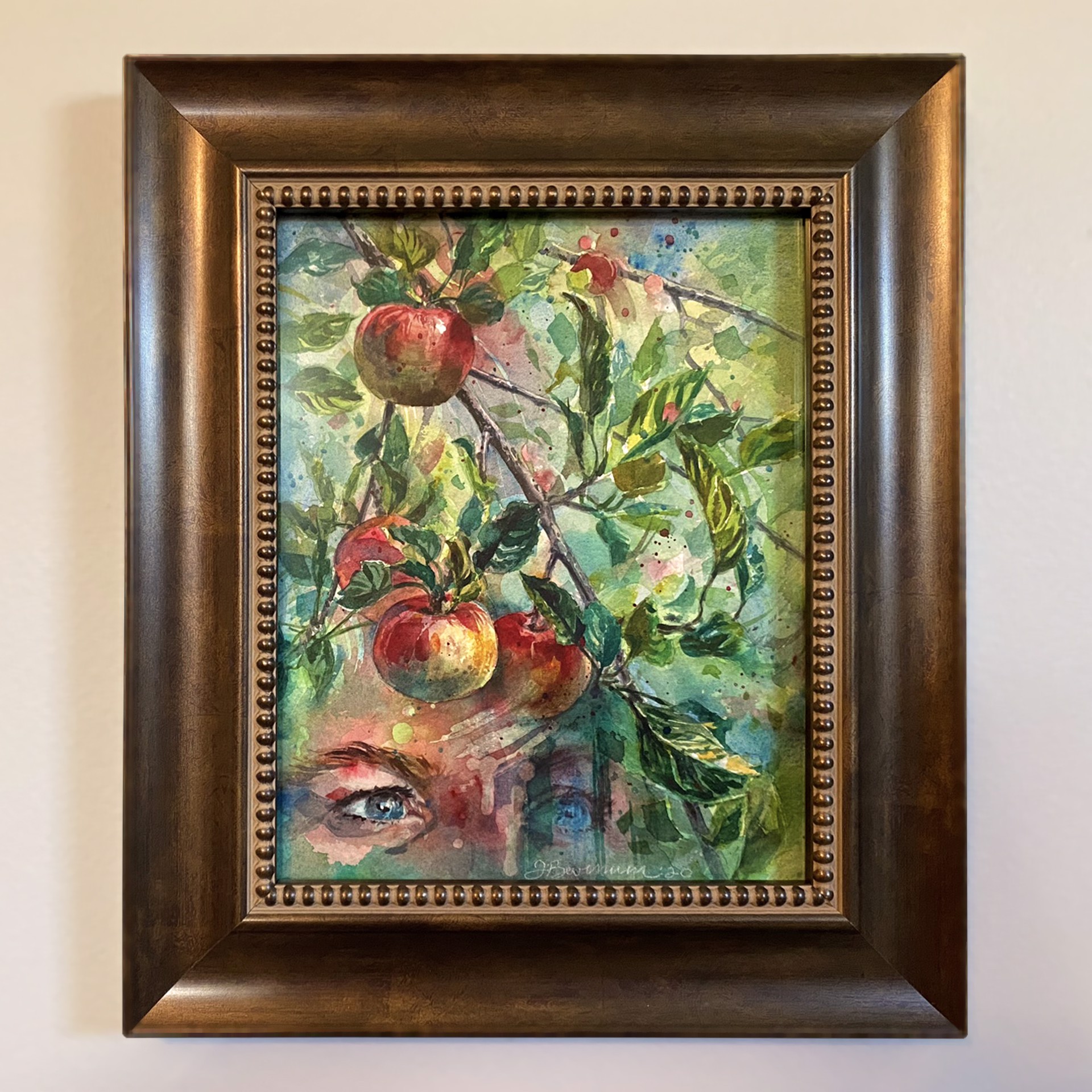 A watercolor painting by Joanna Barnum depicting apples on a tree in the foreground and in the background you see a portion persons head with blue eyes.