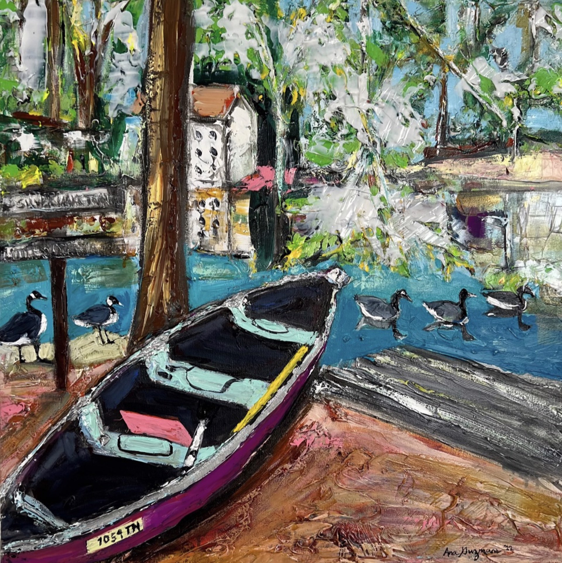 Lakeside with Canoe and Ducks by Ana Guzman