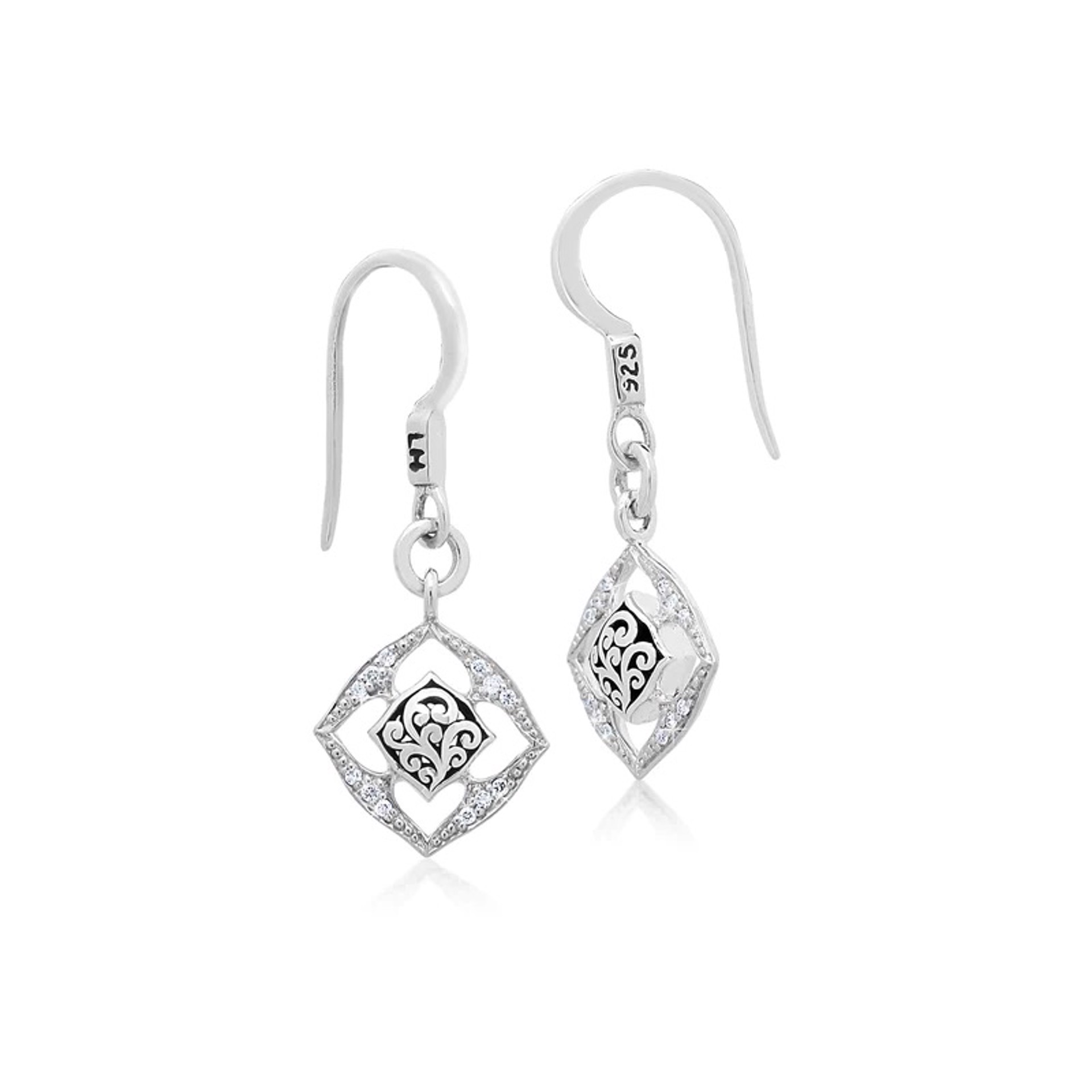 1028 White Diamond LH Signature Scroll Diamond-Shaped Open Frame Drop Earrings (SO) by Lois Hill