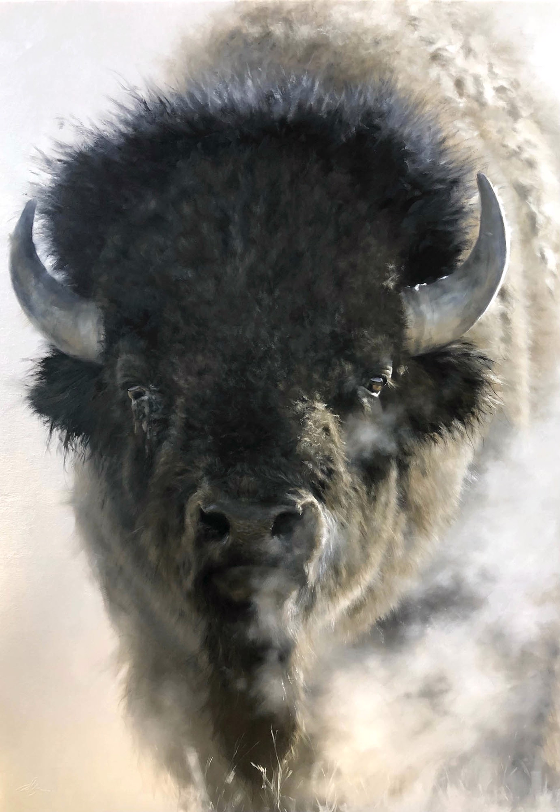 Original Oil Painting By Doyle Hostetler Of An Upclose Bison In Muted Color Tones