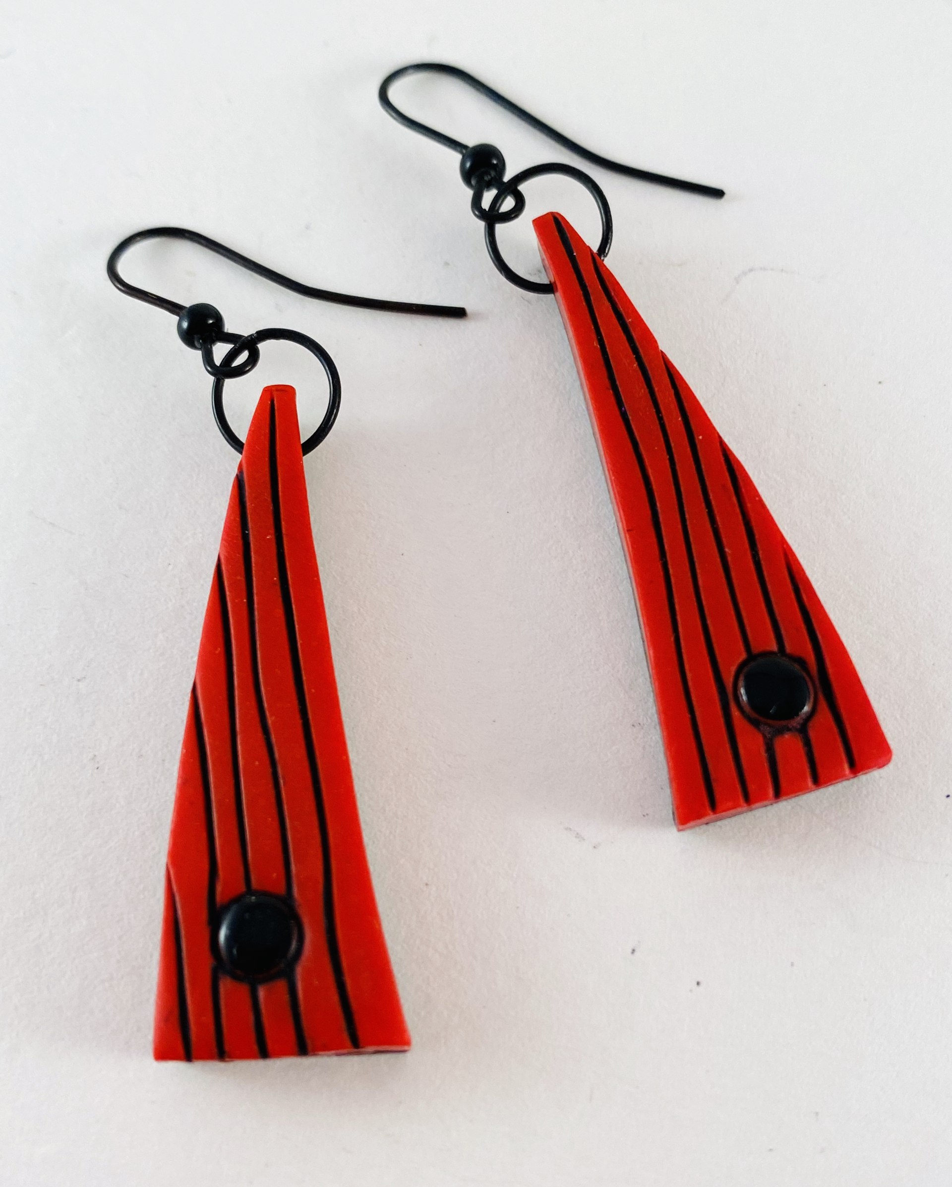 Stripe with Dot Earrings Red 2l by Nancy Roth
