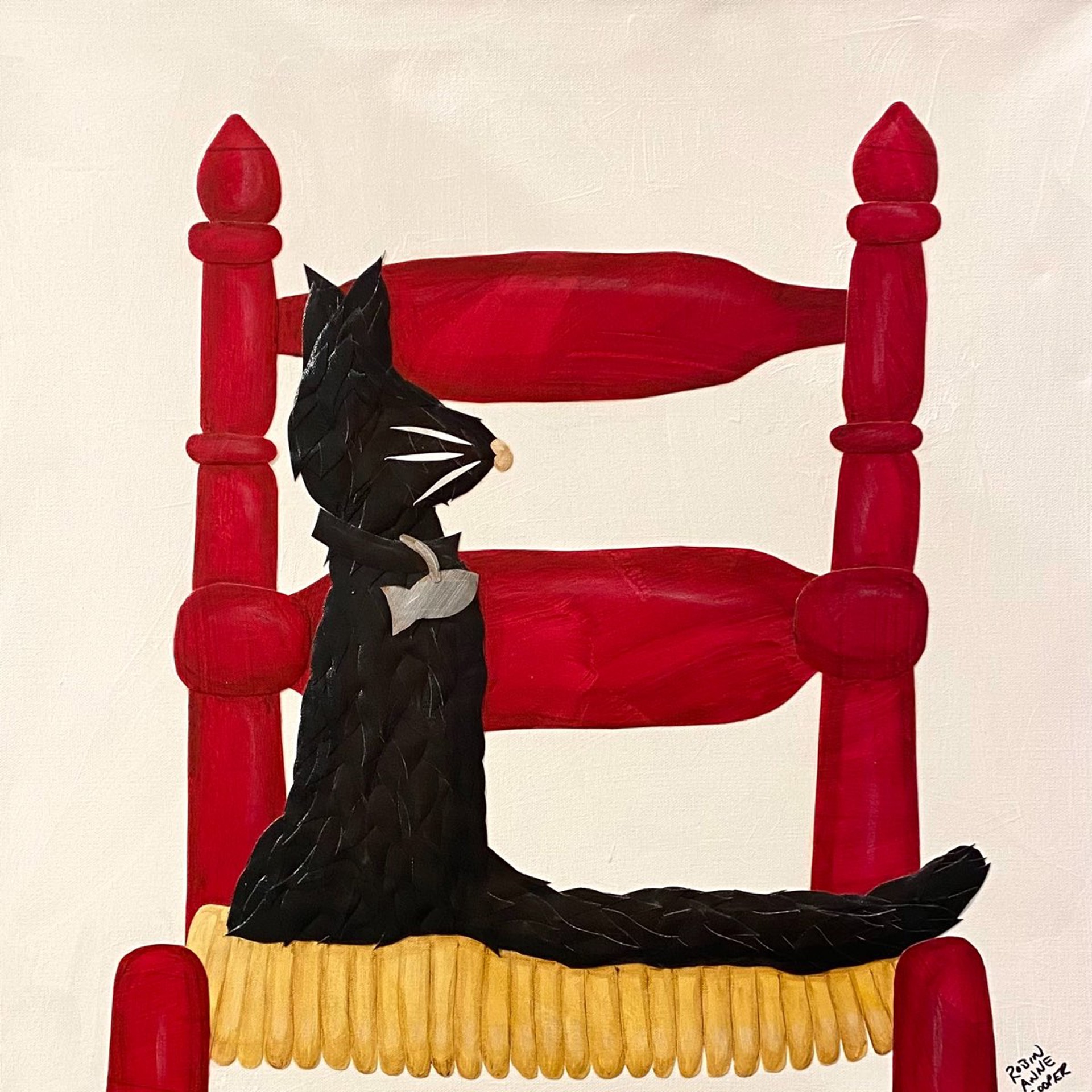Black Cat On Red Slat-Back Chair by Robin Cooper