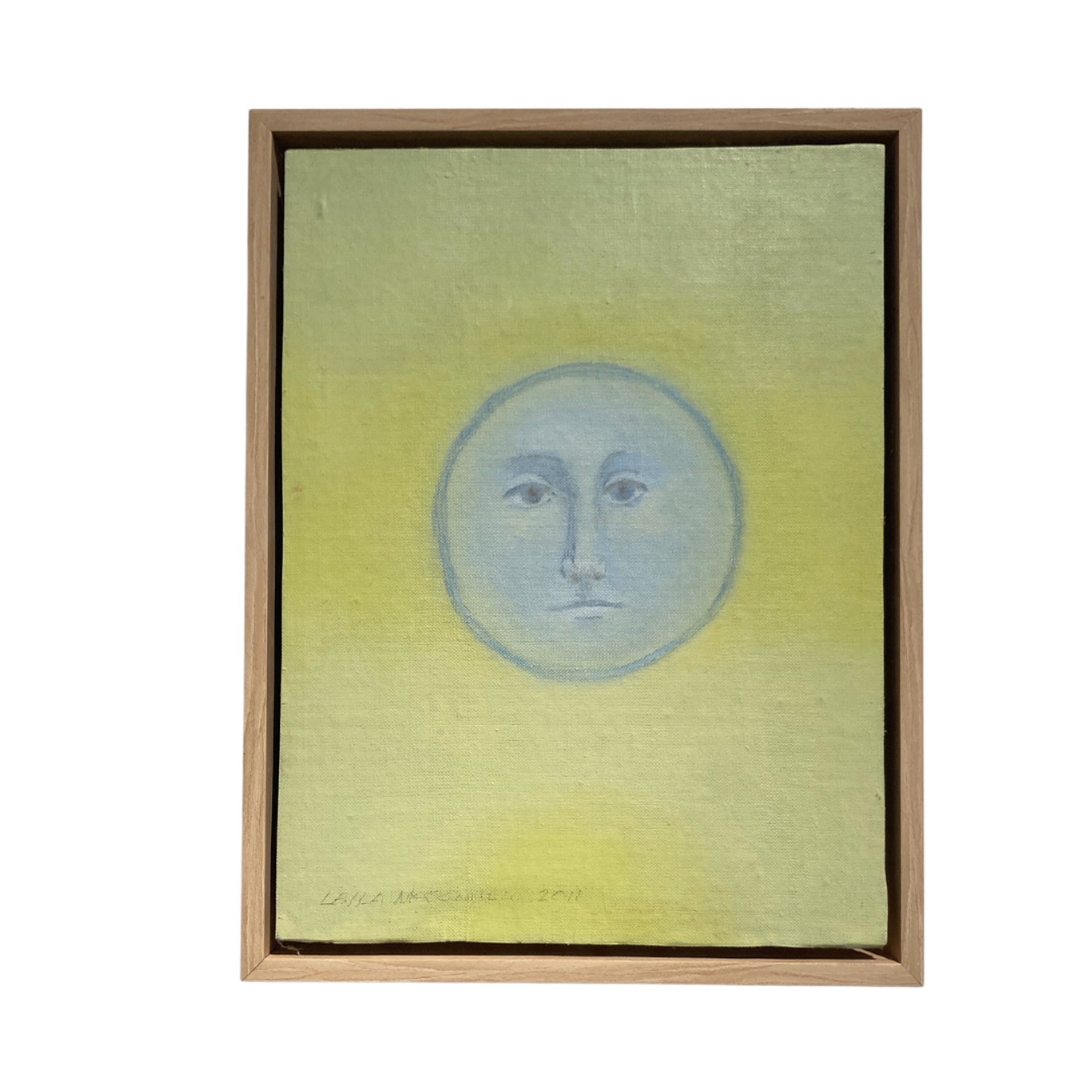 Moonface - light blue gray on yellow by Leila McConnell