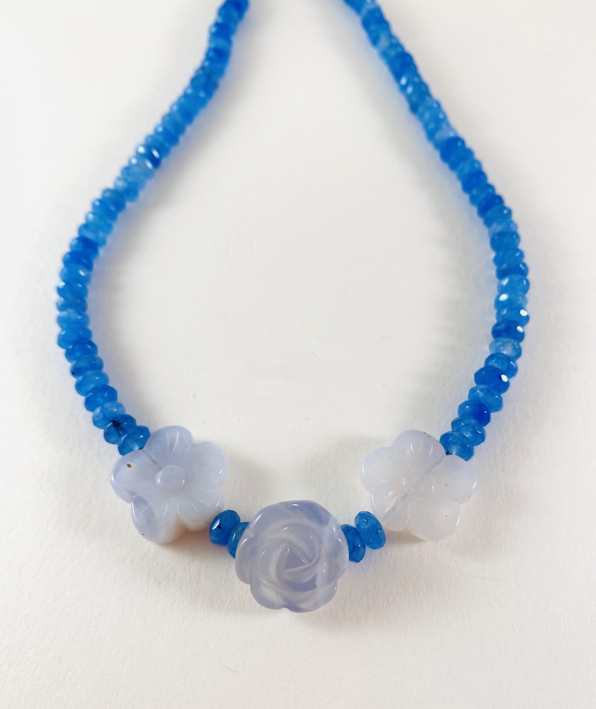 Faceted Blue Jade, Carved Blue Chalcedony Necklace by Nance Trueworthy