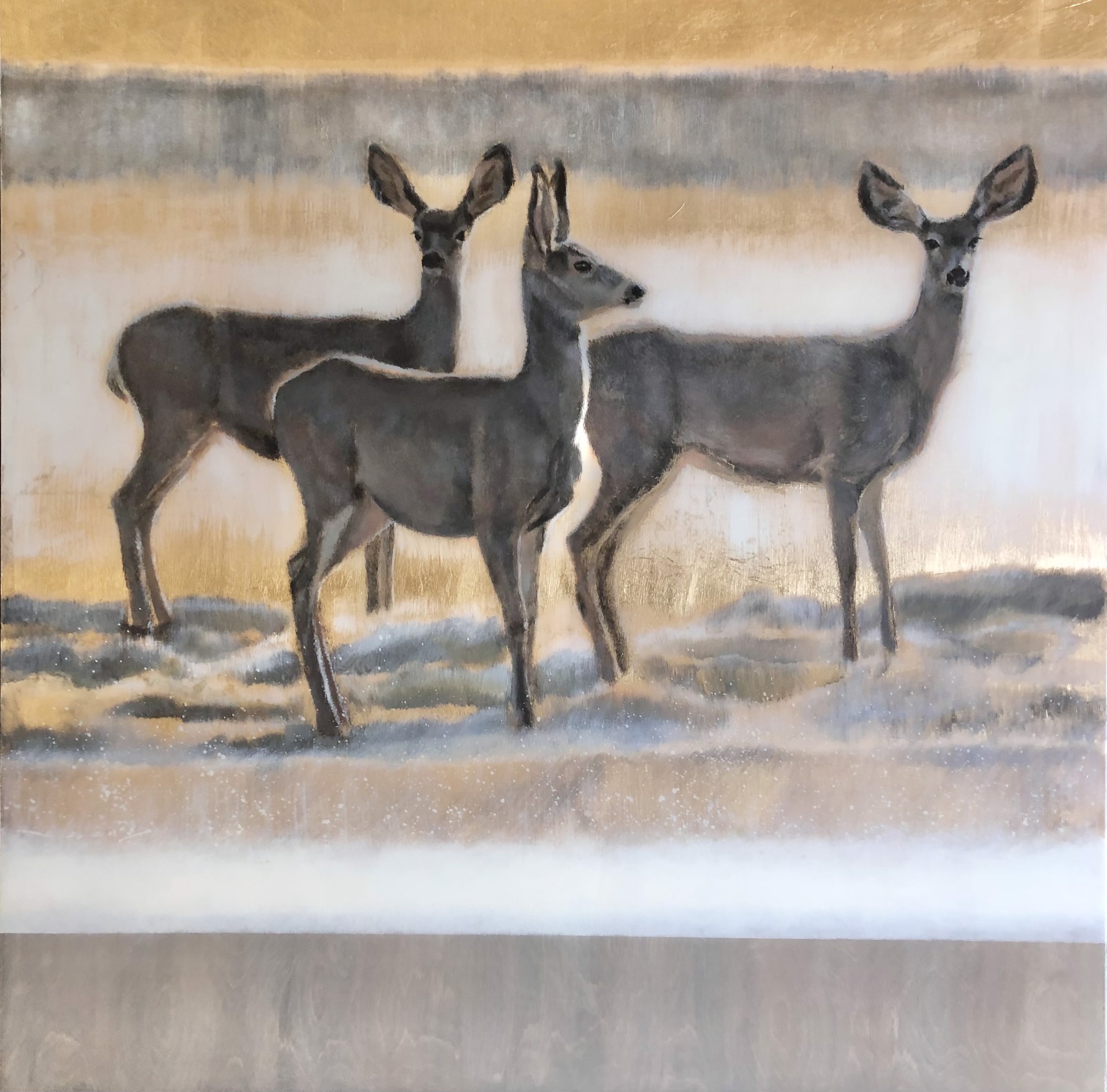 Three Black And White Deer In Vertical Bands Background Of Gold Grey And White
