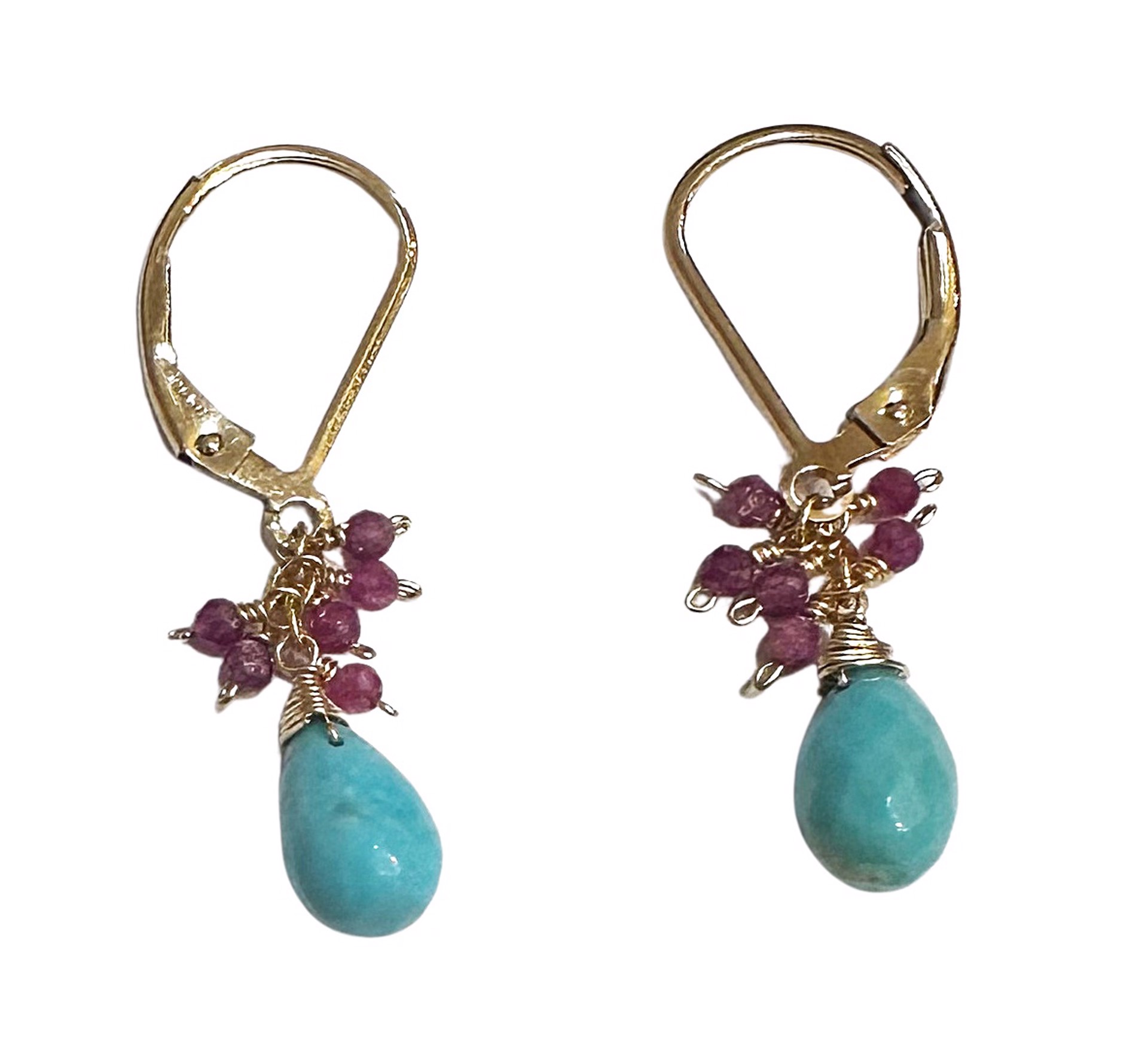 Earrings - 14K Gold with Ruby and Sleeping Beauty Turquoise Drops by Julia Balestracci