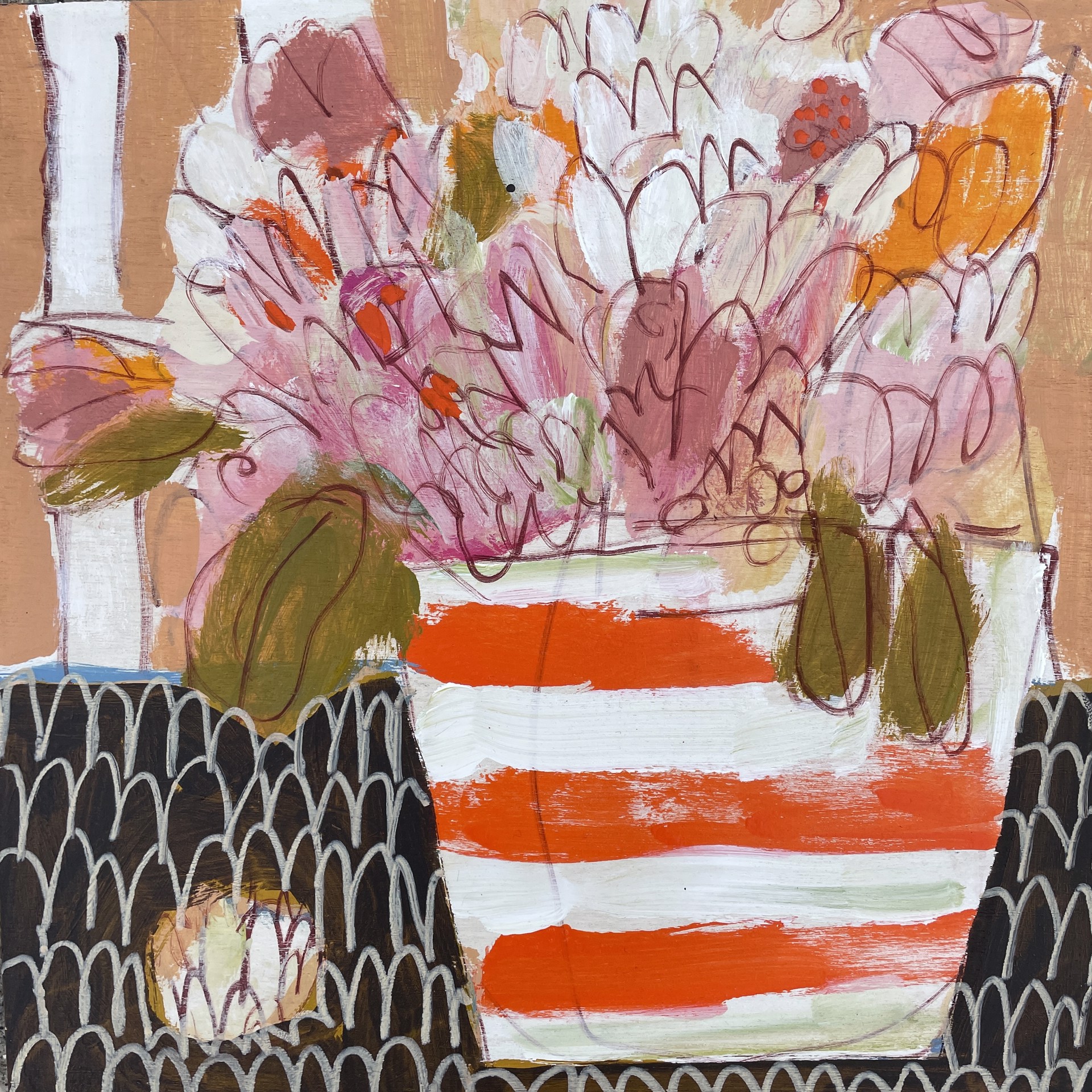 Flowers in Red and White Striped Vase by Rachael Van Dyke