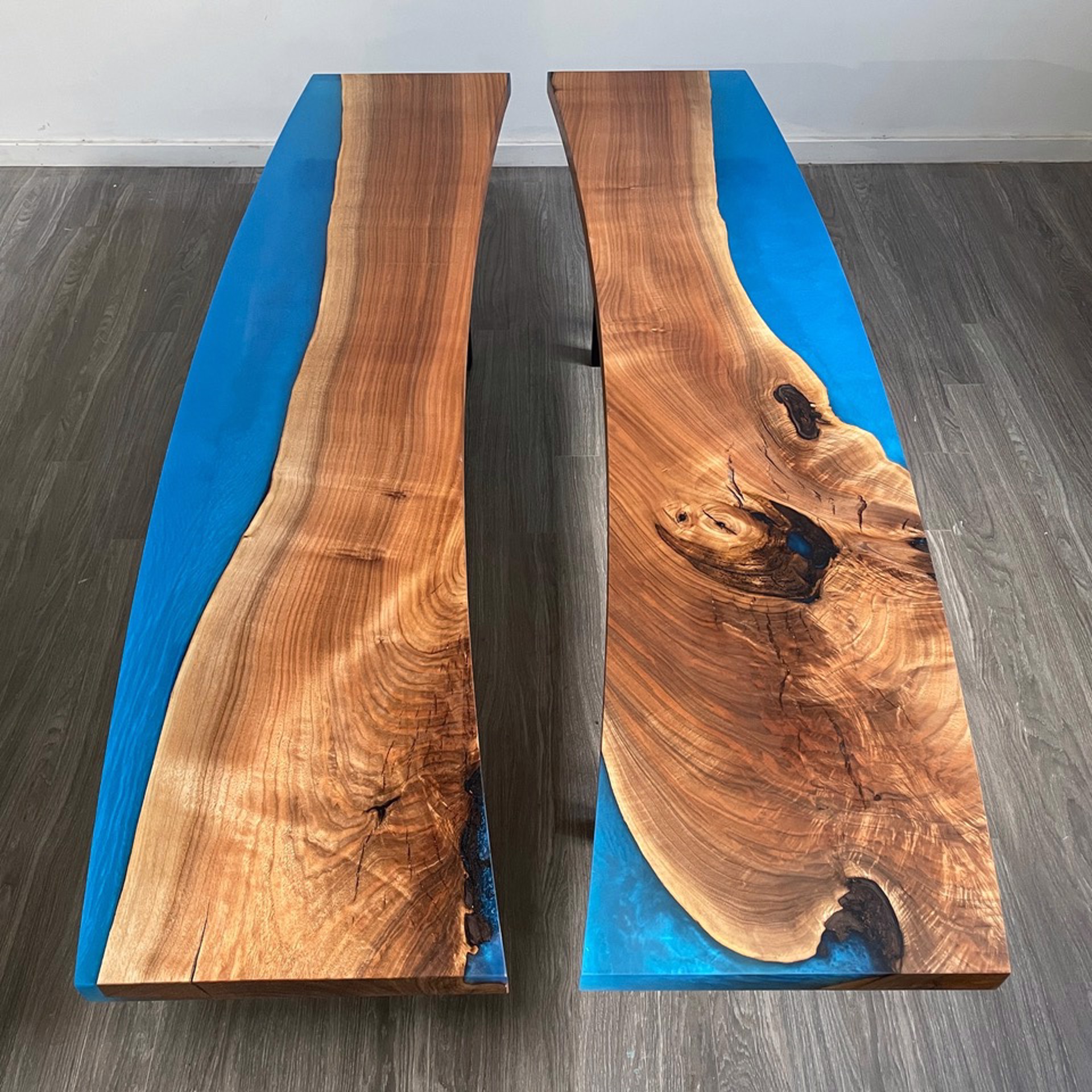 Iridescent blue and Butternut Benches by Benjamin McLaughlin
