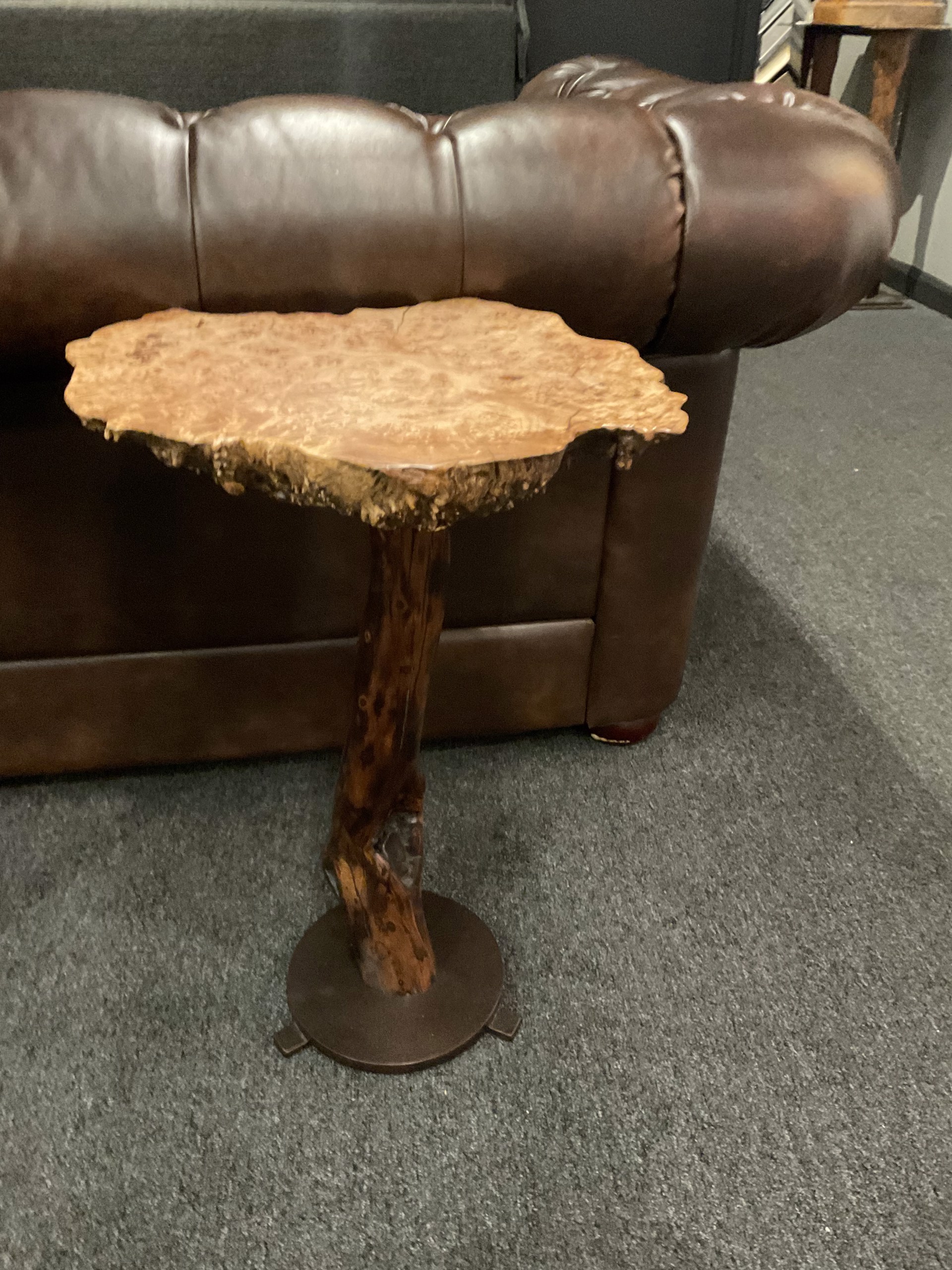 Maple burl wine table on carved ironwood pedestal by Ron Gill