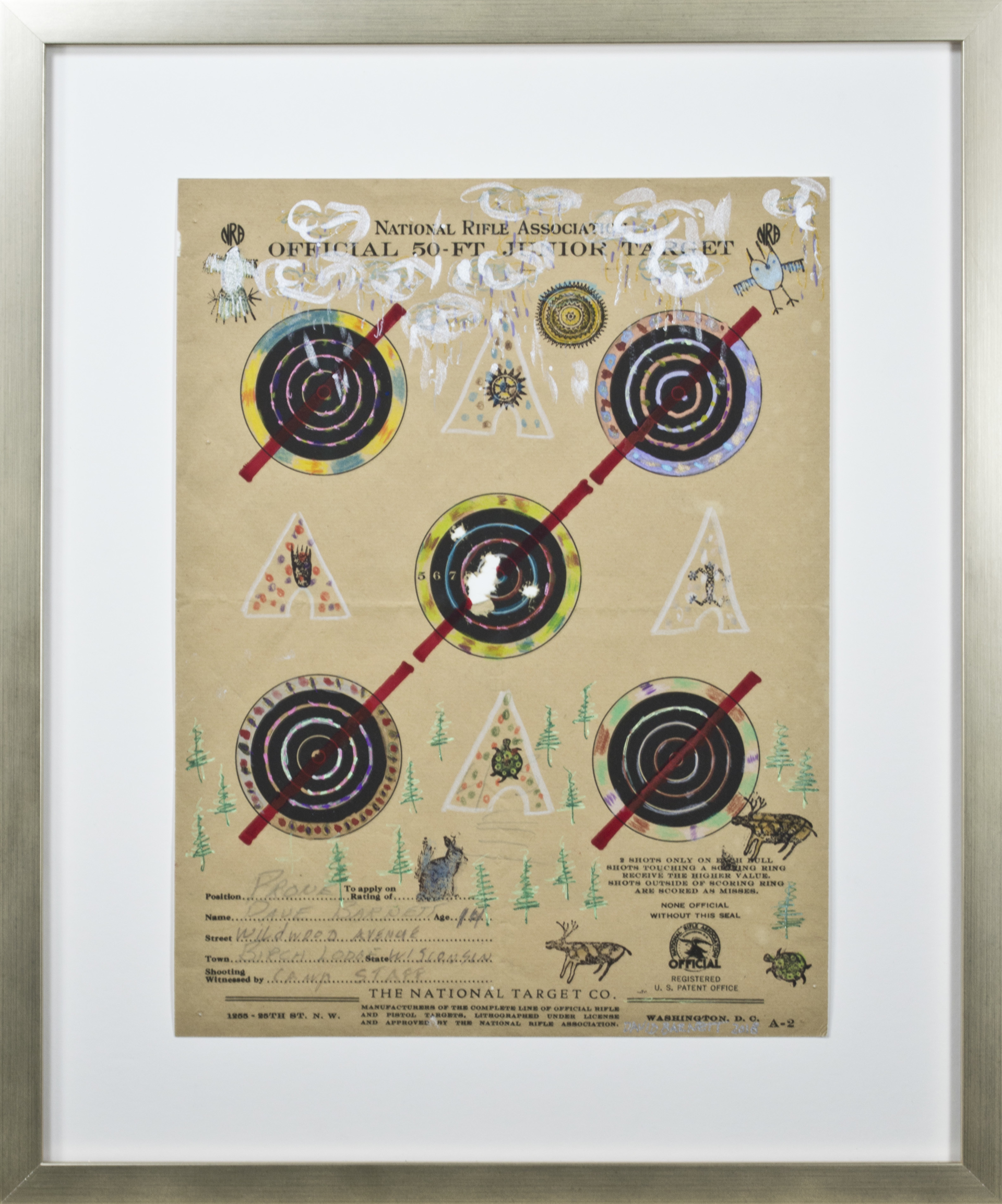 Target Series No. 10: No More Shootings, No More Guns Rain Clouds, Spotted Tee Pees, Blue Rabbit, & Forest by David Barnett