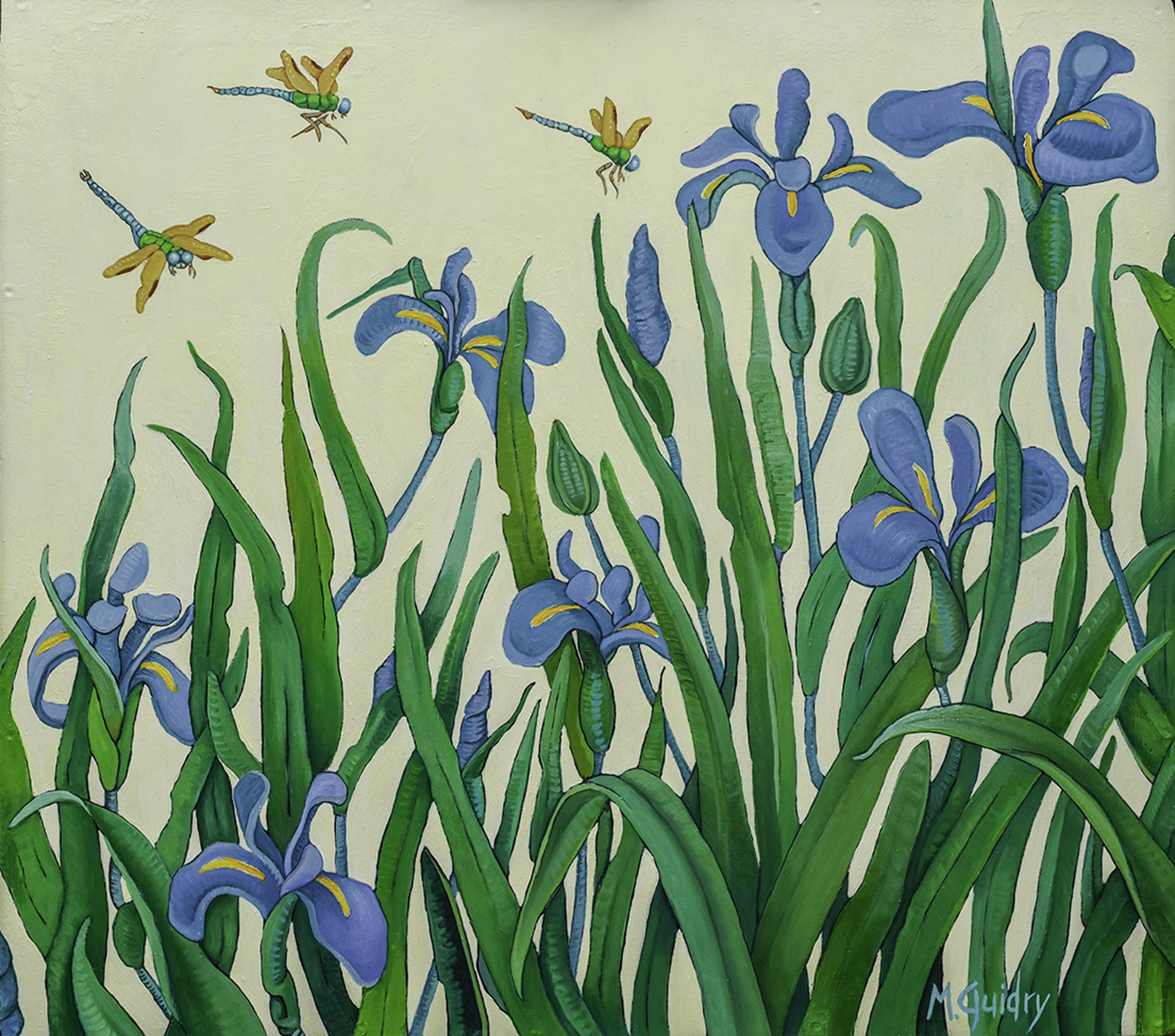 Louisiana Iris, Dragonflies by Michael Guidry