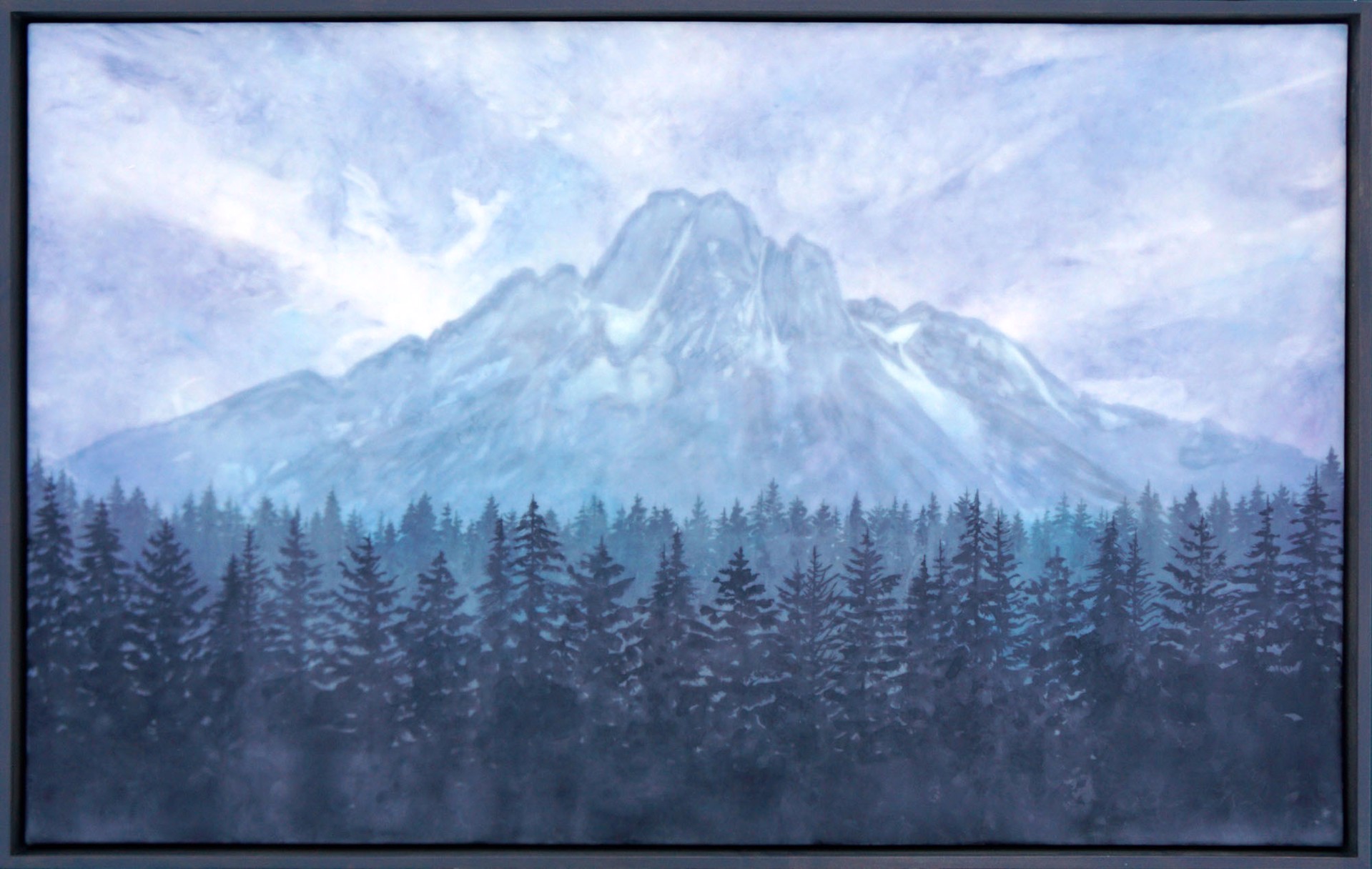 Original Encaustic Painting By Bridgette Meinhold Featuring A Mountain Peak Behind Layers of Pine Trees