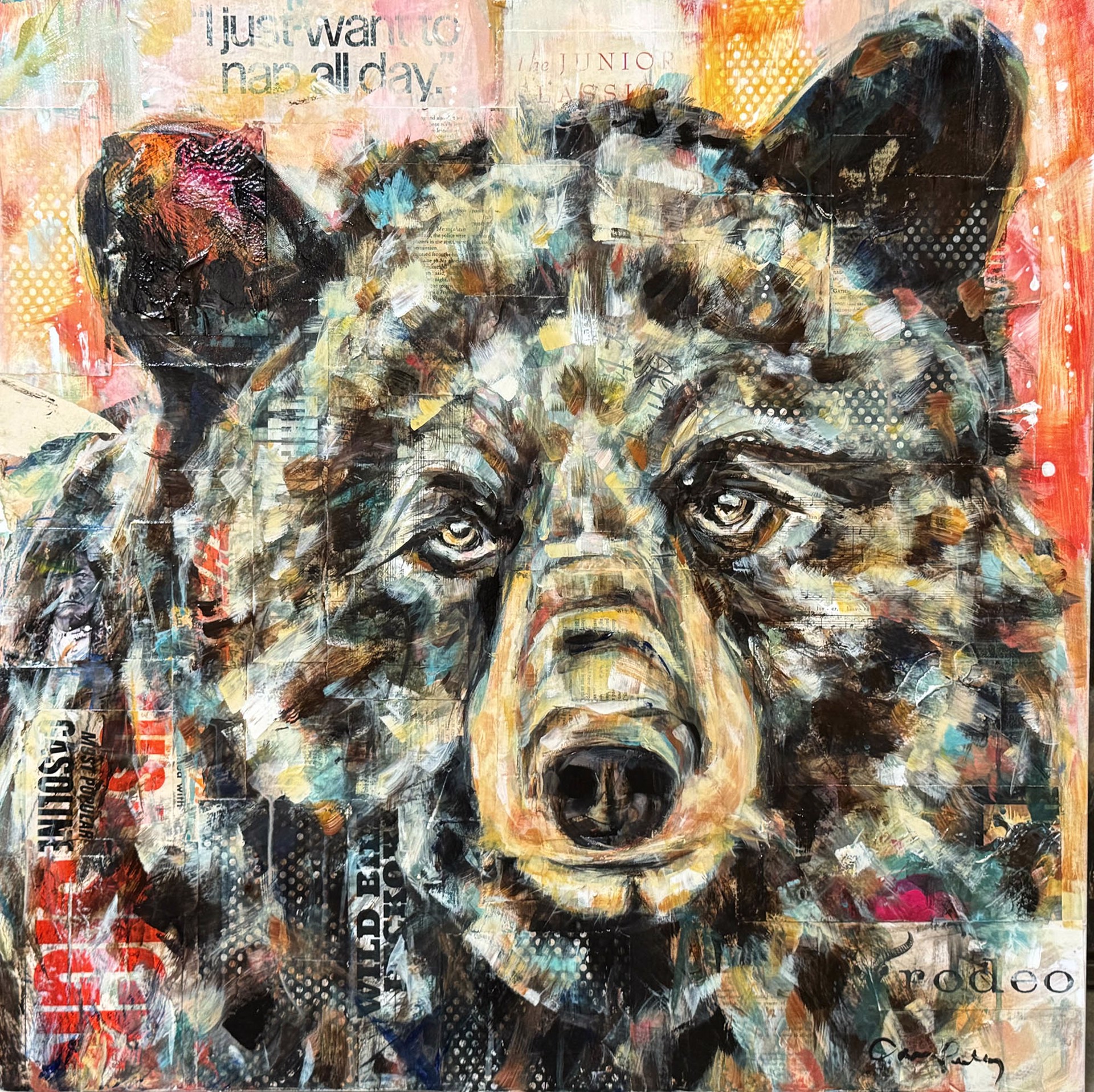 Original Mixed Media Painting By Carrie Penley Featuring a Grizzly Bear With Collage Detail