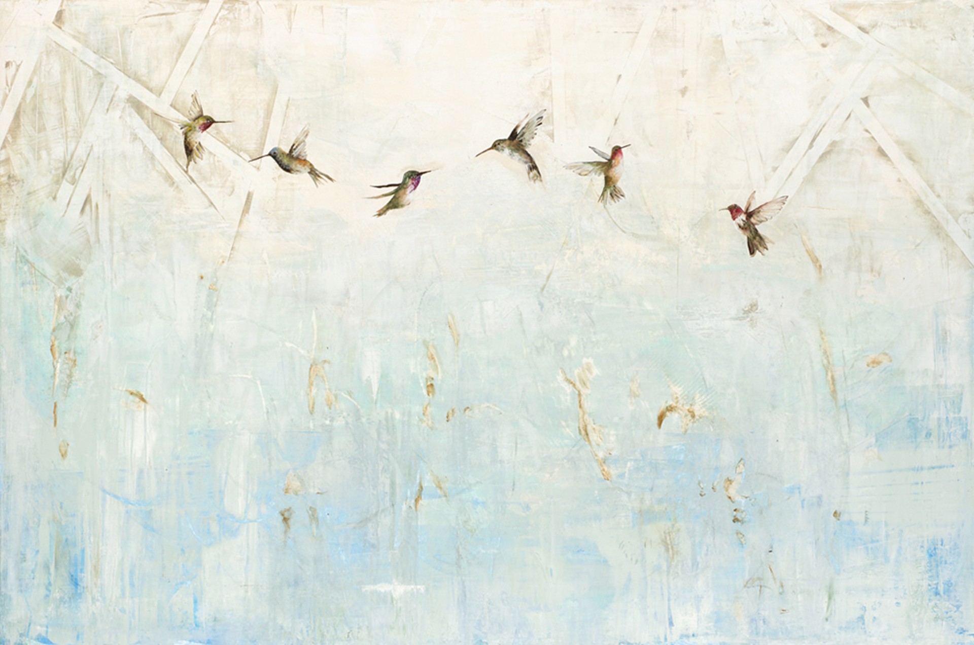Oil Painting Of Humming Birds In Flight With An Abstract Light Blue And Patterned Background By Jenna Von Benedikt