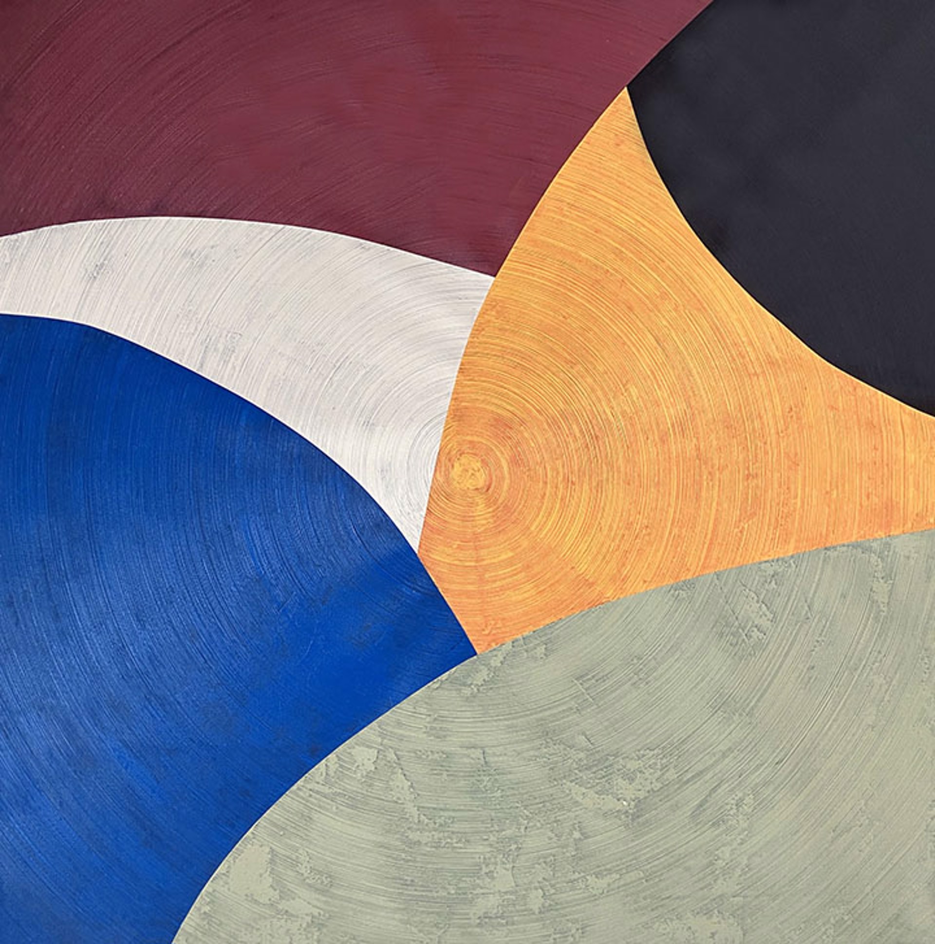 A painting by David Skillicorn with overlapping blue, white, black, orange, burgundy and green circles.