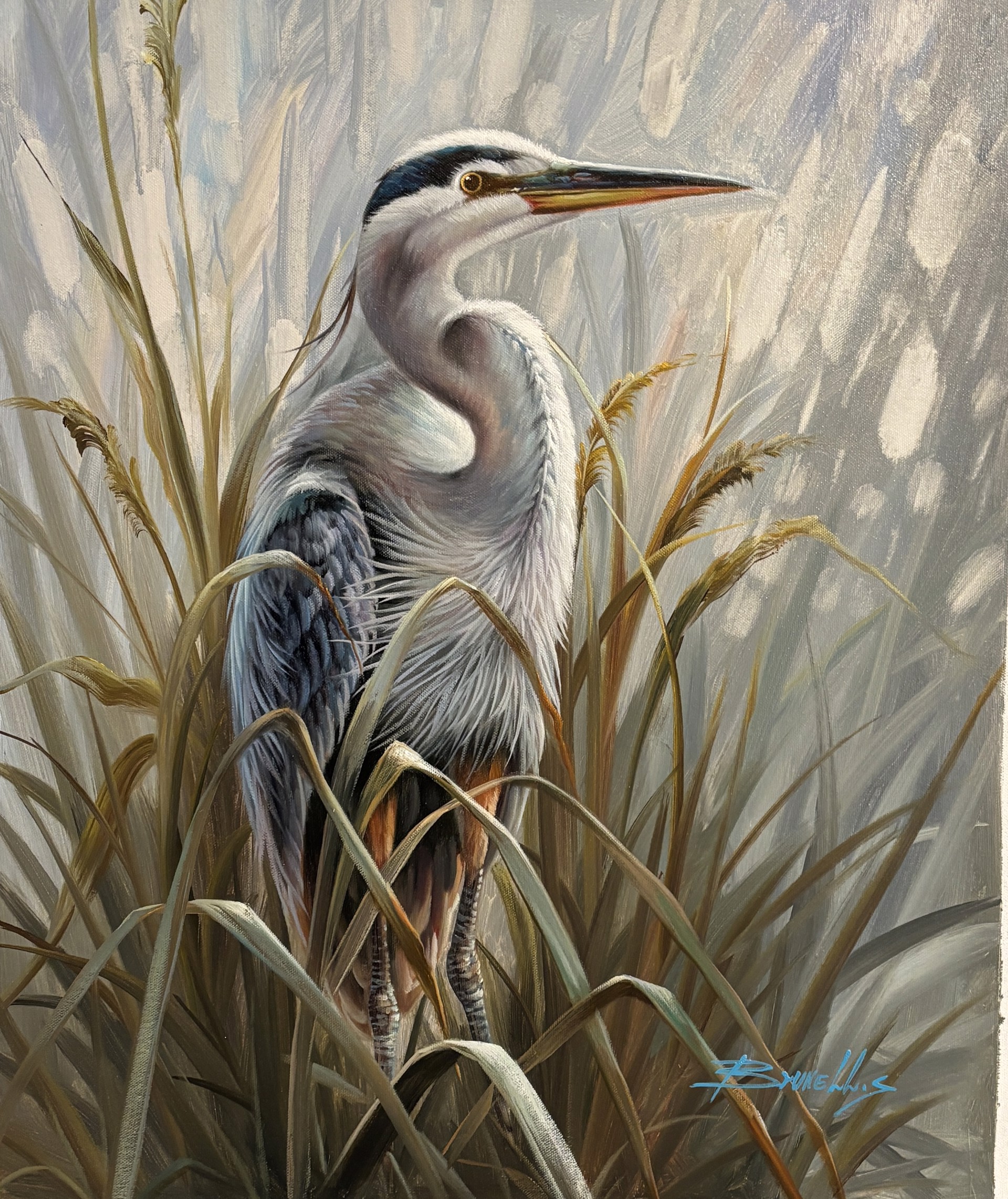 BLUE HERON IN TALL GRASS by BRUNELLY