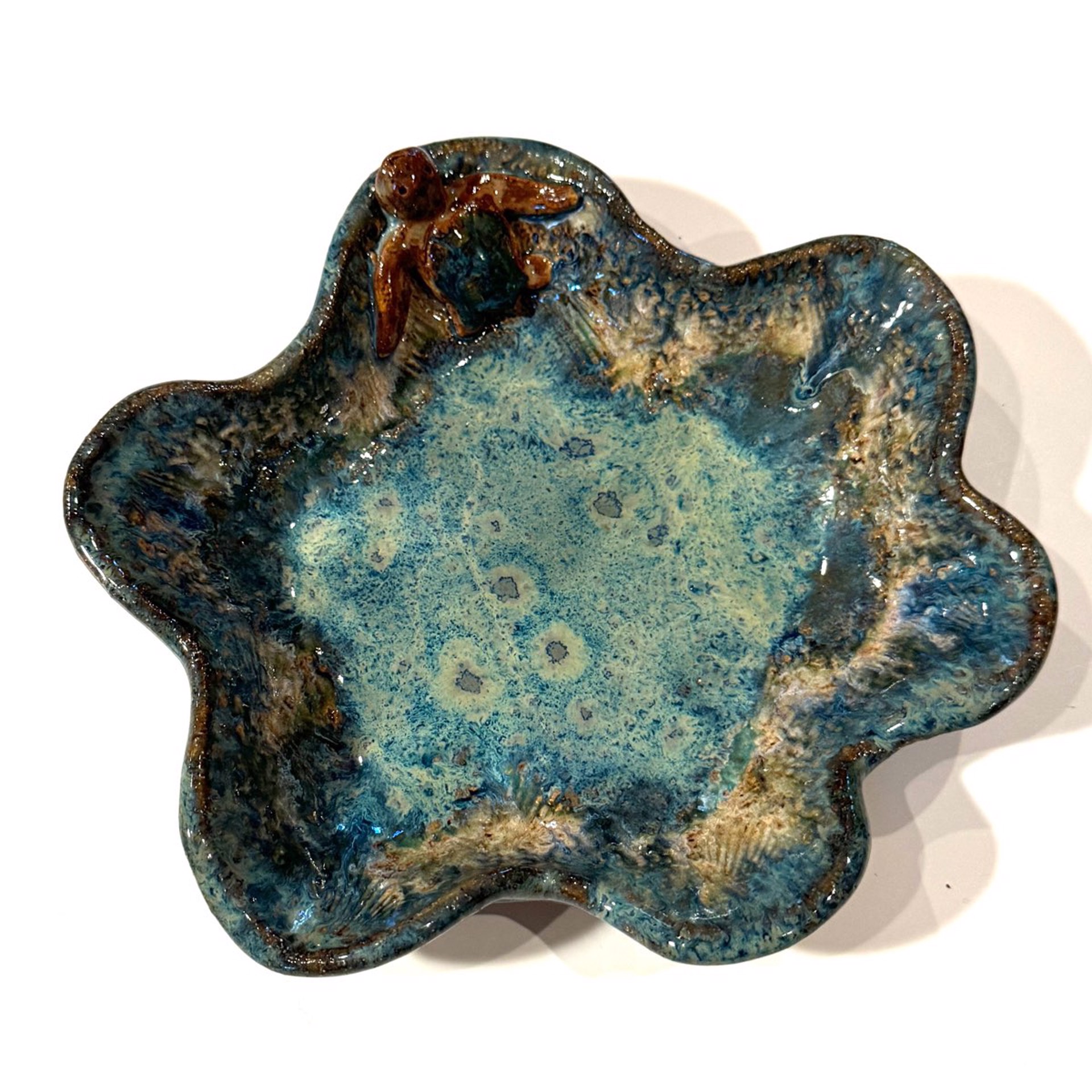 Pool Dish with One Turtle (Blue Glaze) LG23-1182 by Jim & Steffi Logan