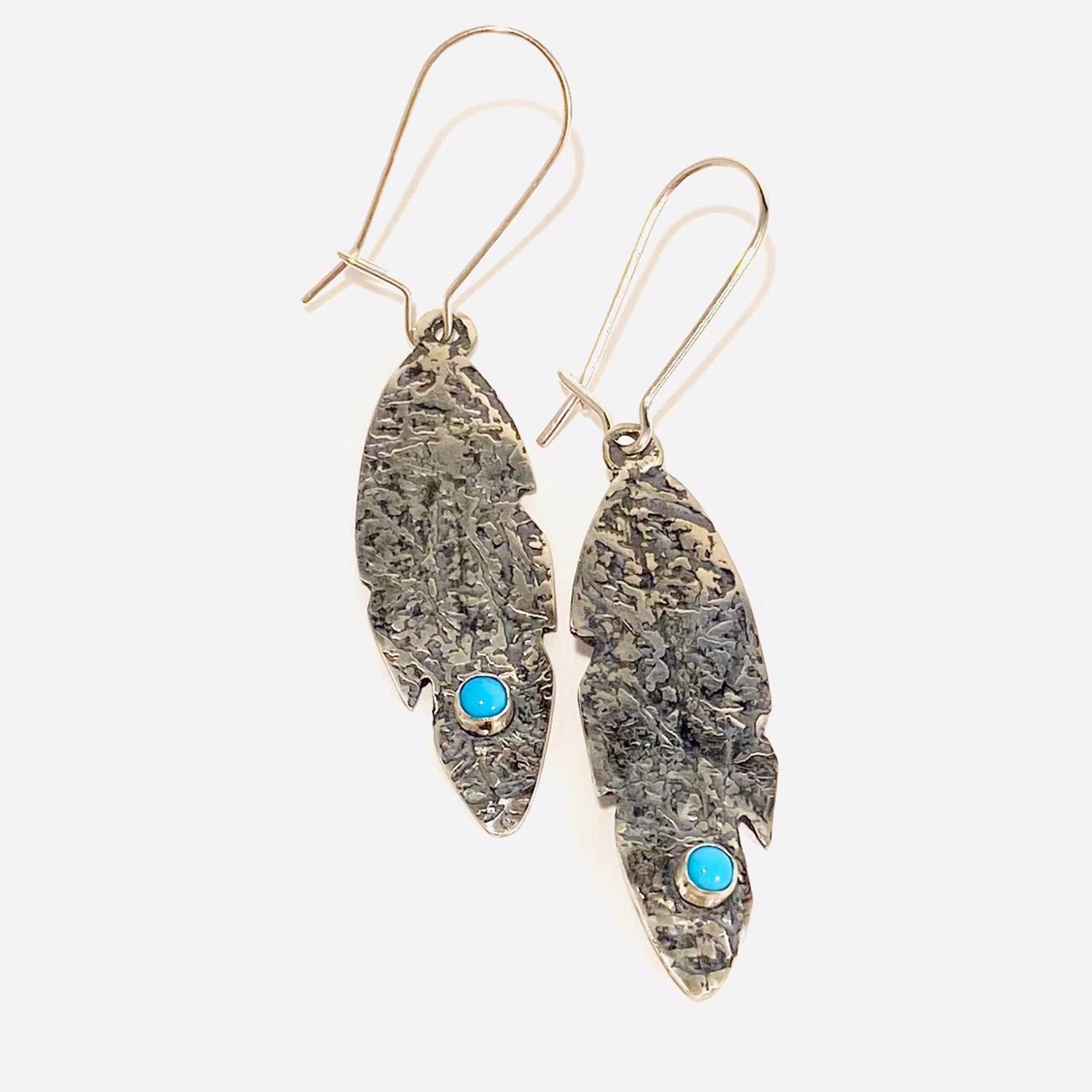Fine Silver Leaf Earrings~Oxidized Pattern on One Side~Sleeping Beauty Turquoise set on Other by Karen Hakim