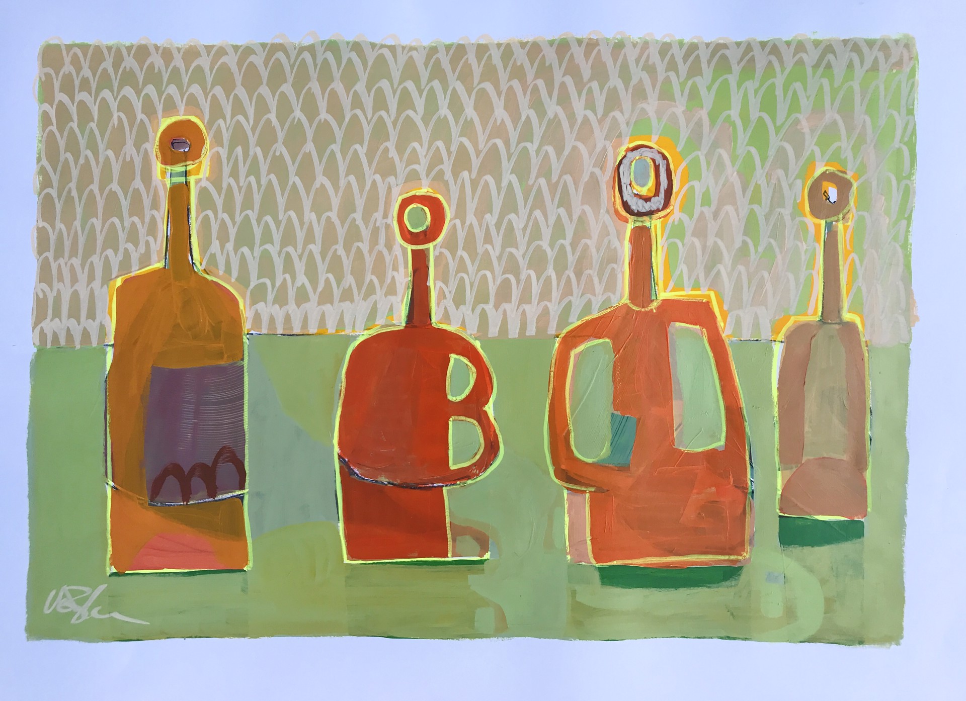 Four Red Bottles on Green Table by Rachael Van Dyke