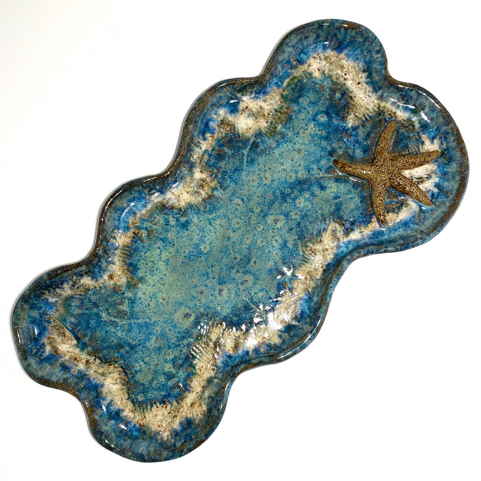 Wavy Tray with One Starfish (Blue Glaze) LG23-1138 by Jim & Steffi Logan