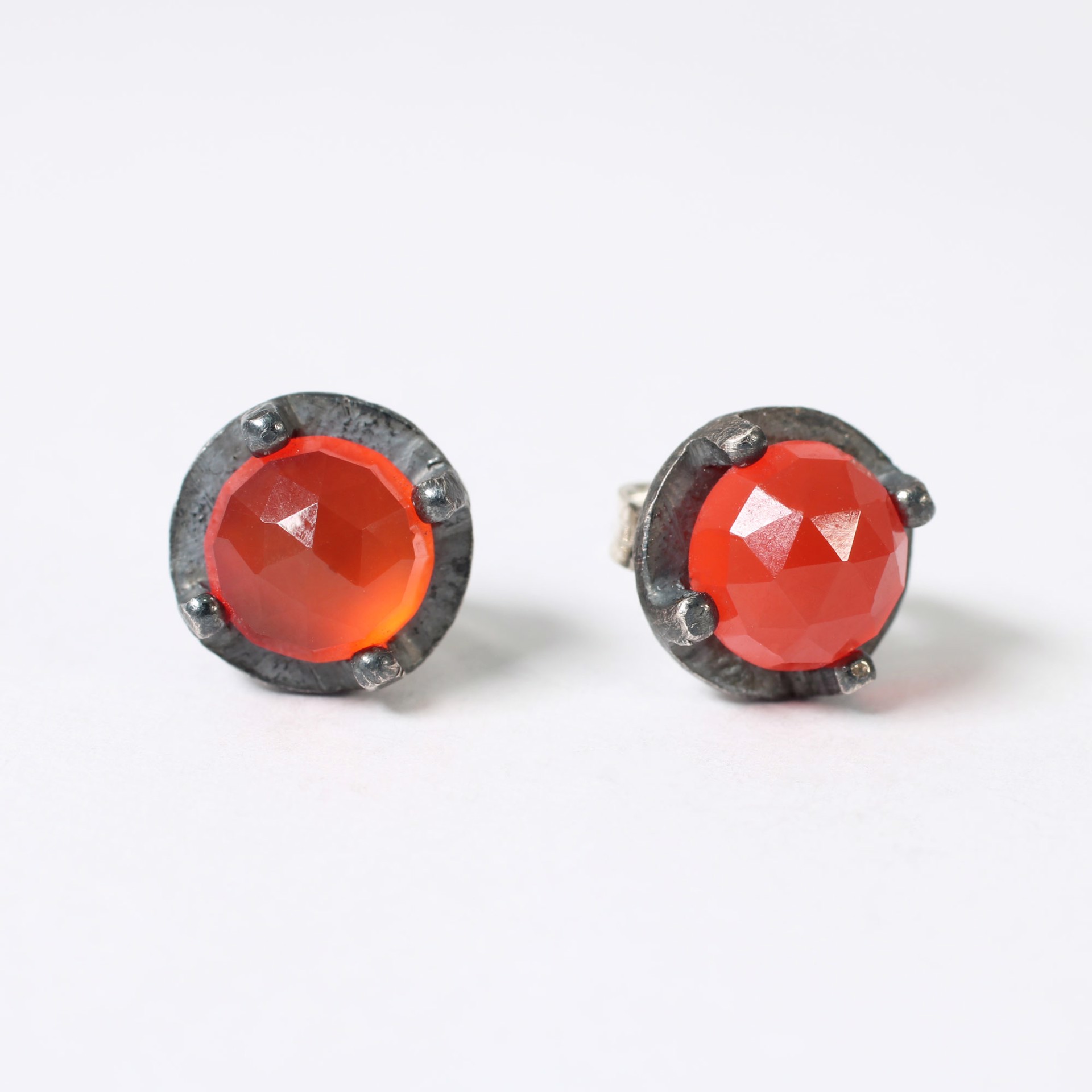 Carnelian Oxidized Sterling Carved Prong Post by Heather Guidero