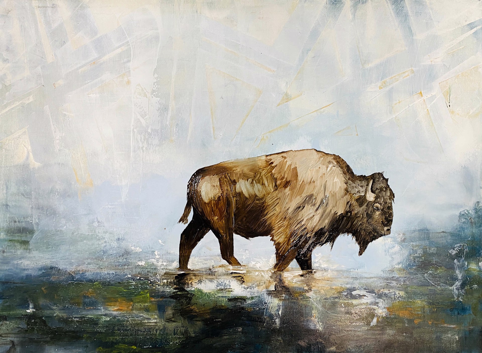 Original Oil Painting Featuring A Walking Bison Over Water