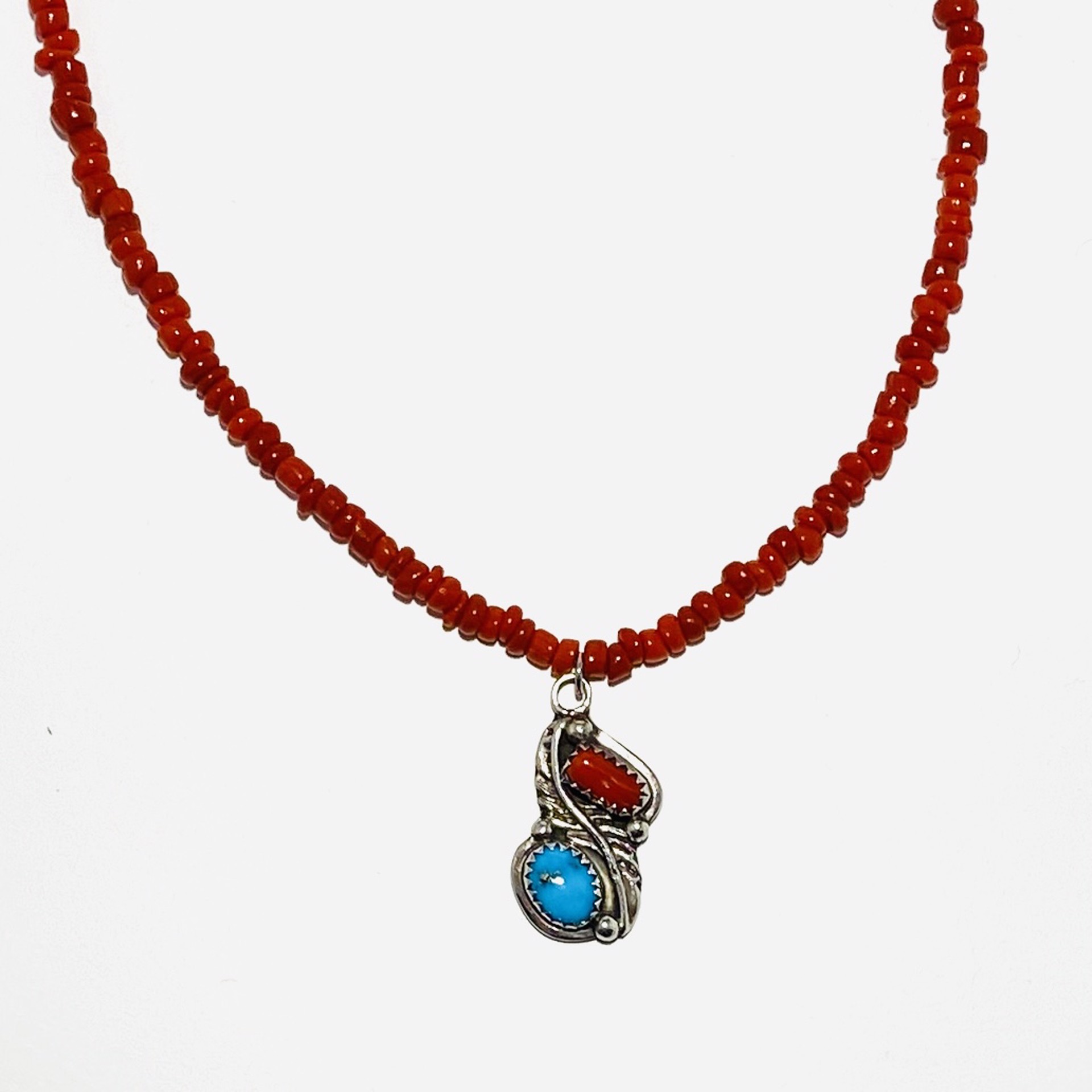 Coral and Turquoise Pendant on Coral Bead Necklace by Nance Trueworthy