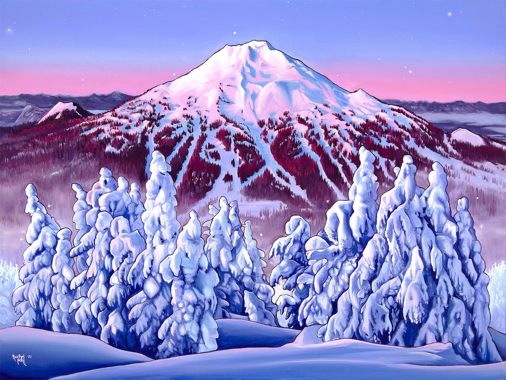 Mountainous Landscape With Snowy Trees Alpenglow Colors Pink Blue Purple Dreamy