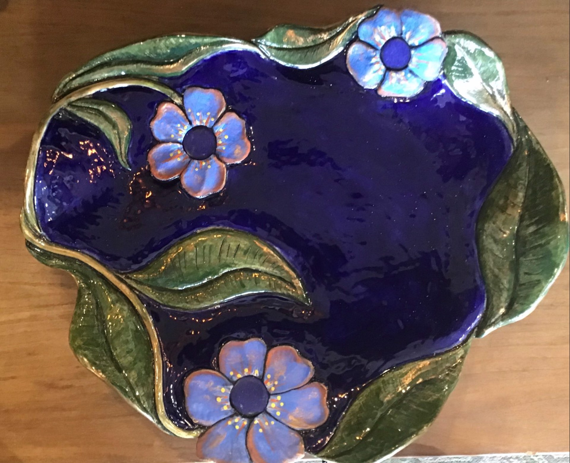 3 Flowers with Lapis dish by Nancy Burns