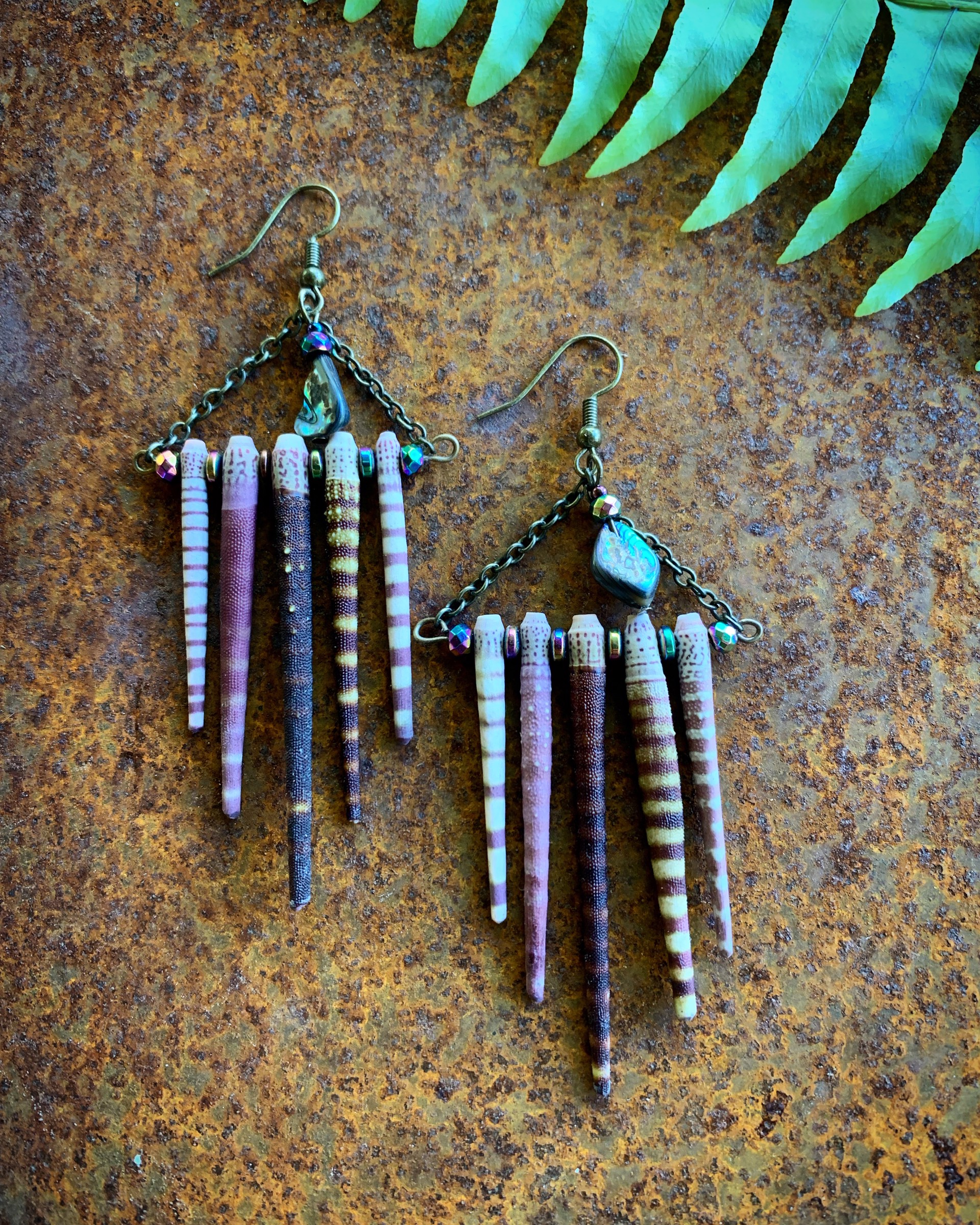 K664 Sea Urchin Spine Earrings with Abalone by Kelly Ormsby