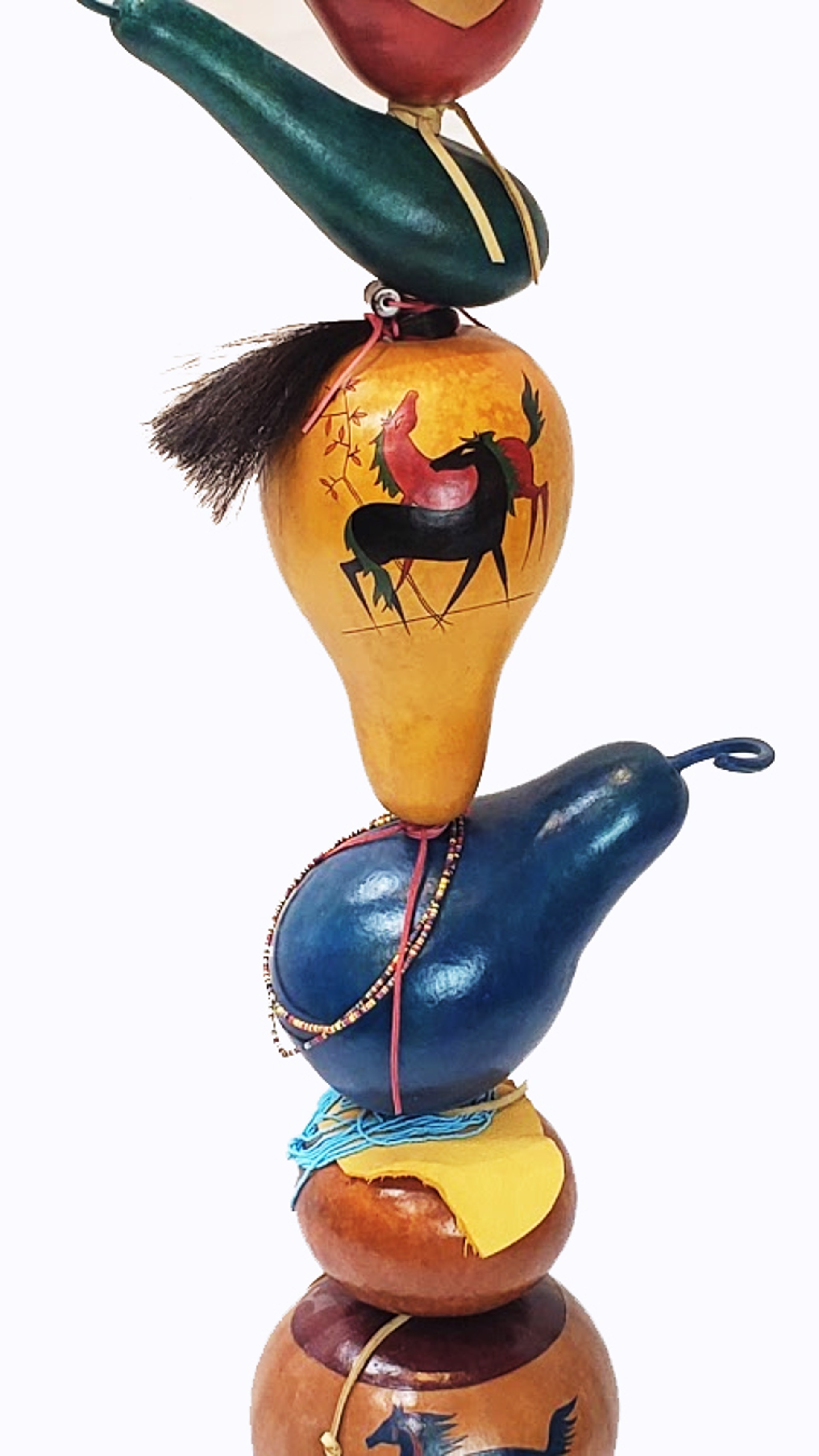 Horse Totem ~Hand Painted Gourds with Beadwork, Leather and Horsehair on Mesquite Stand by Gary & Glenis Leitch