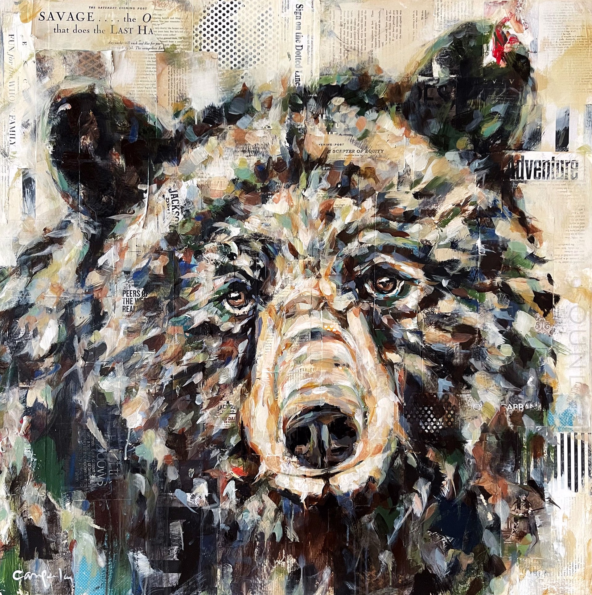 Original Mixed Media Painting By Carrie Penley Featuring A Bear Face With Collage Details