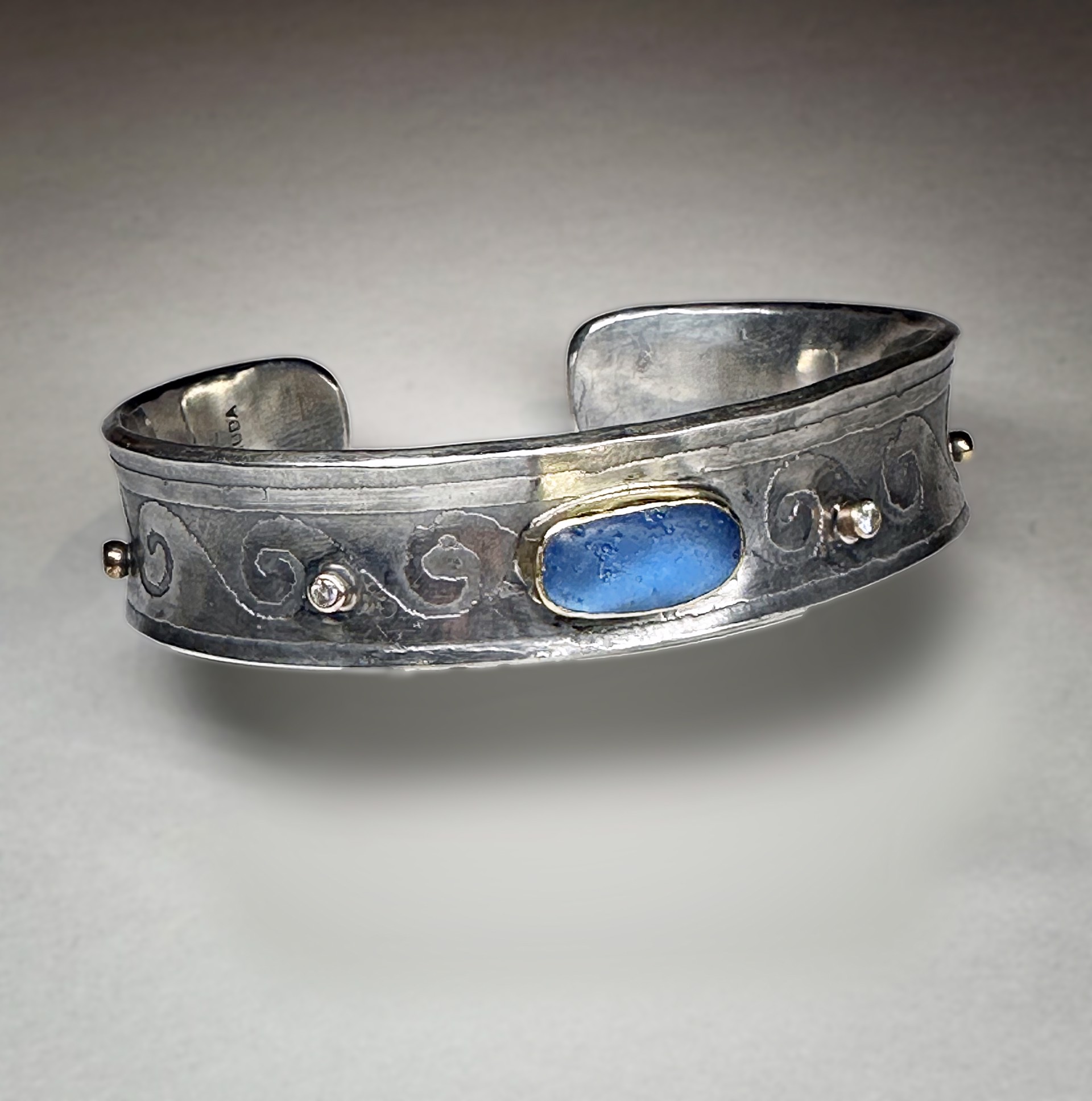 Odyssey Etched Cuff Bracelet with Blue Sea Glass and Diamonds by Judith Altruda